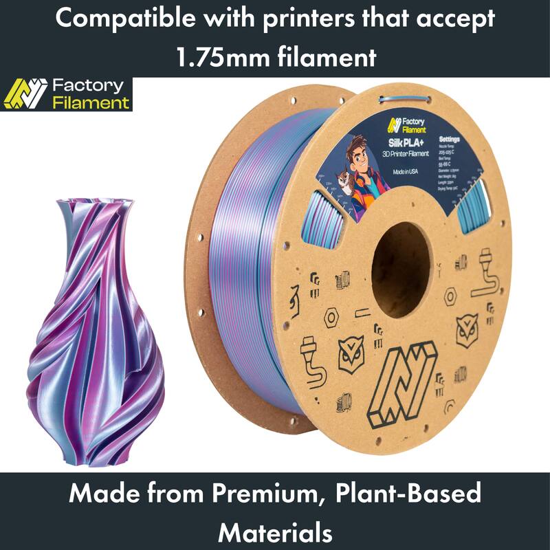 Compatible with printers that accept 1.75mm filament

Factory Filament Silk PLA+ Settings

Made from Premium, Plant-Based Materials

Made in USA