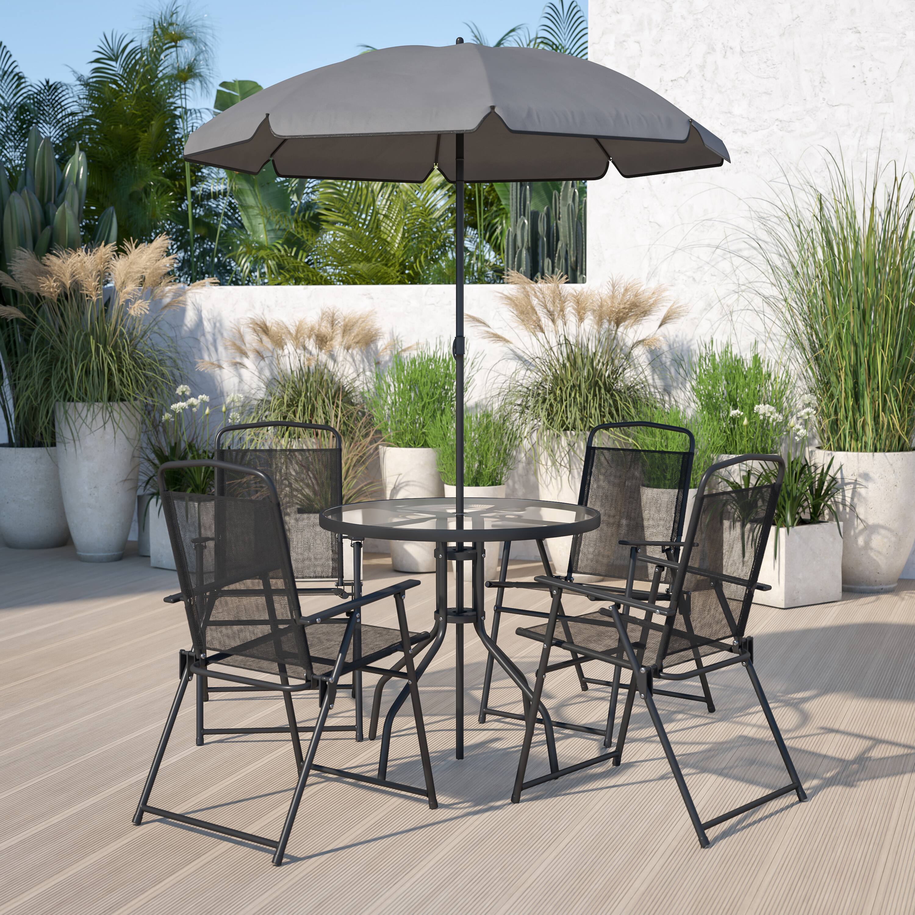 Alt View 1. Emma + Oliver - 6 Piece Patio Garden Set with Table, Umbrella and 4 Folding Chairs - Black.