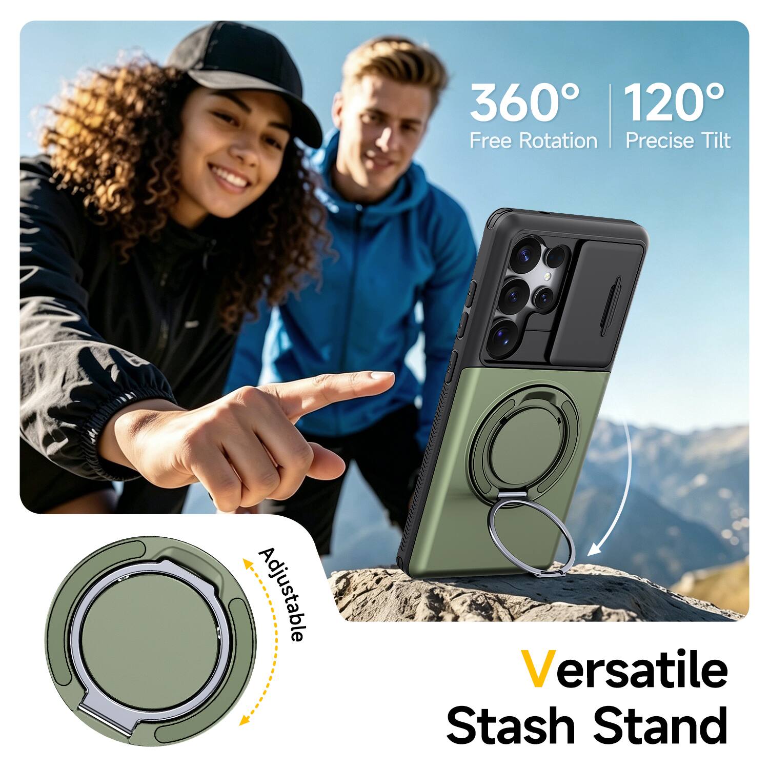 360° Free Rotation  
120° Precise Tilt  
Adjustable  
Versatile Stash Stand