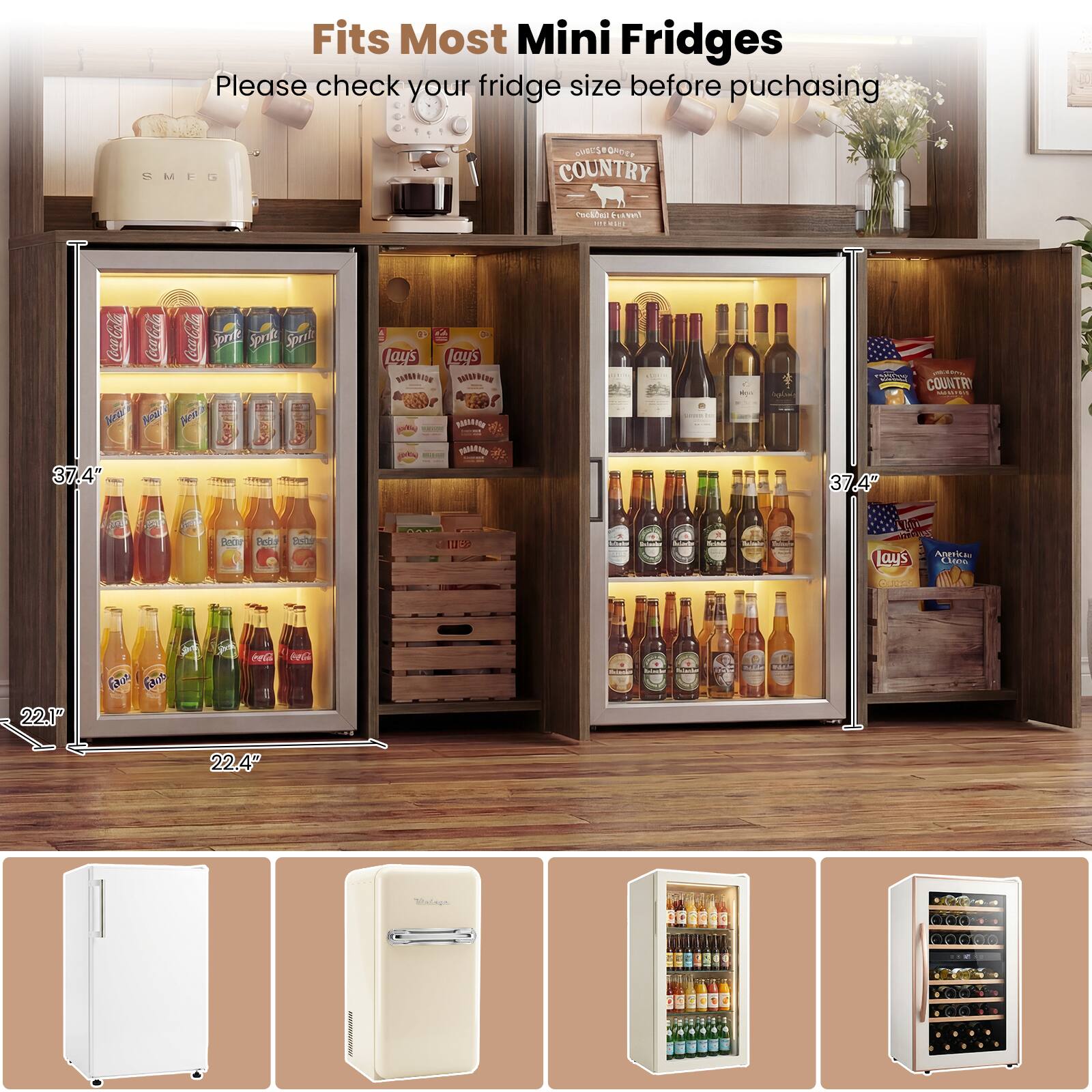Fits Most Mini Fridges  
Please check your fridge size before purchasing  

37.4"  
22.1"  
22.4"  

Coca-Cola  
Sprite  
Lay's  
COUNTRY
