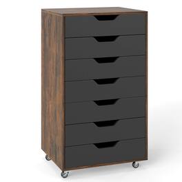 Costway - 7-Drawer Chest Mobile File Cabinet Vertical Filing Organizer with Lockable Wheels - Brown