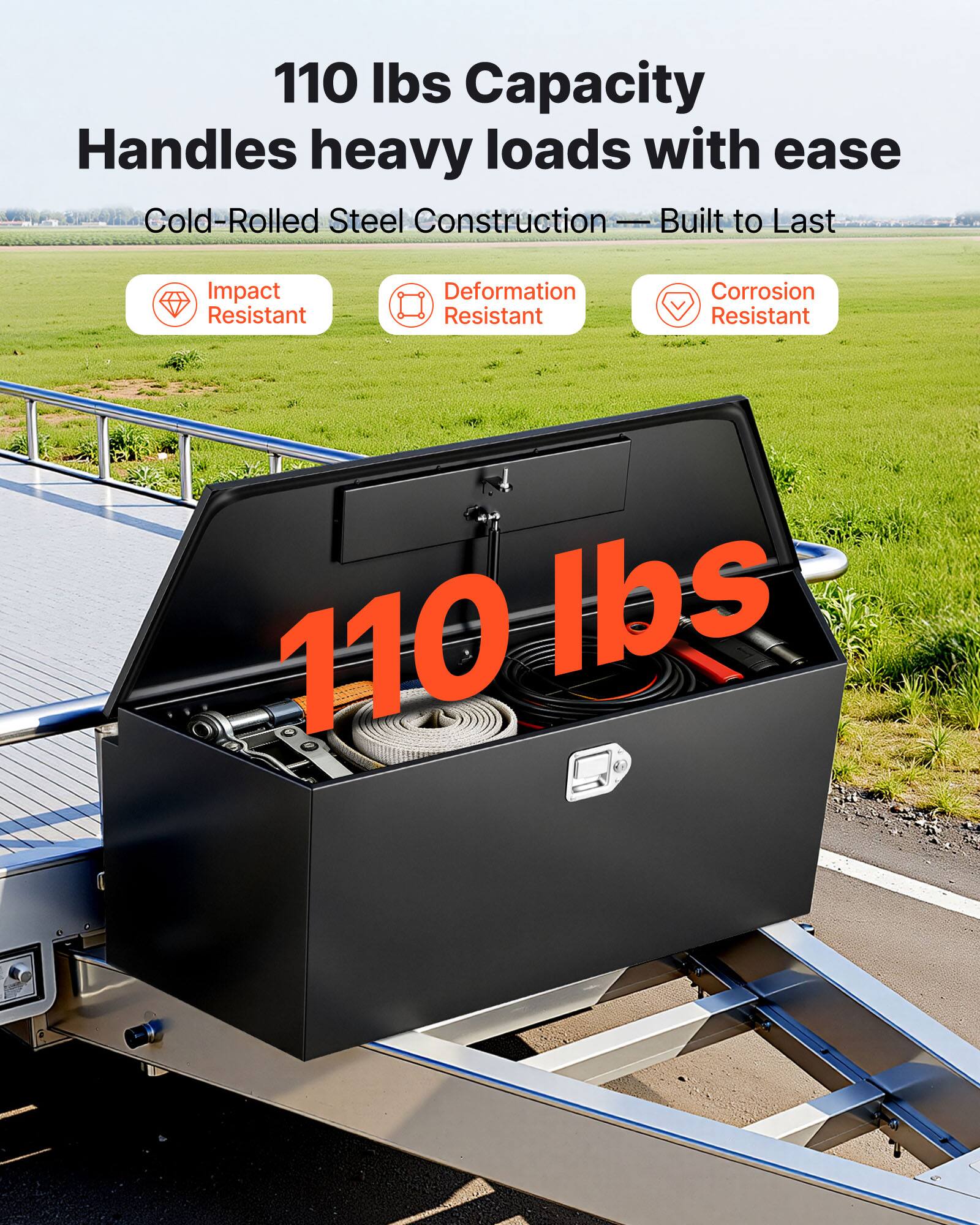 110 lbs Capacity  
Handles heavy loads with ease  
Cold-Rolled Steel Construction — Built to Last  
Impact Resistant  
Deformation Resistant  
Corrosion Resistant