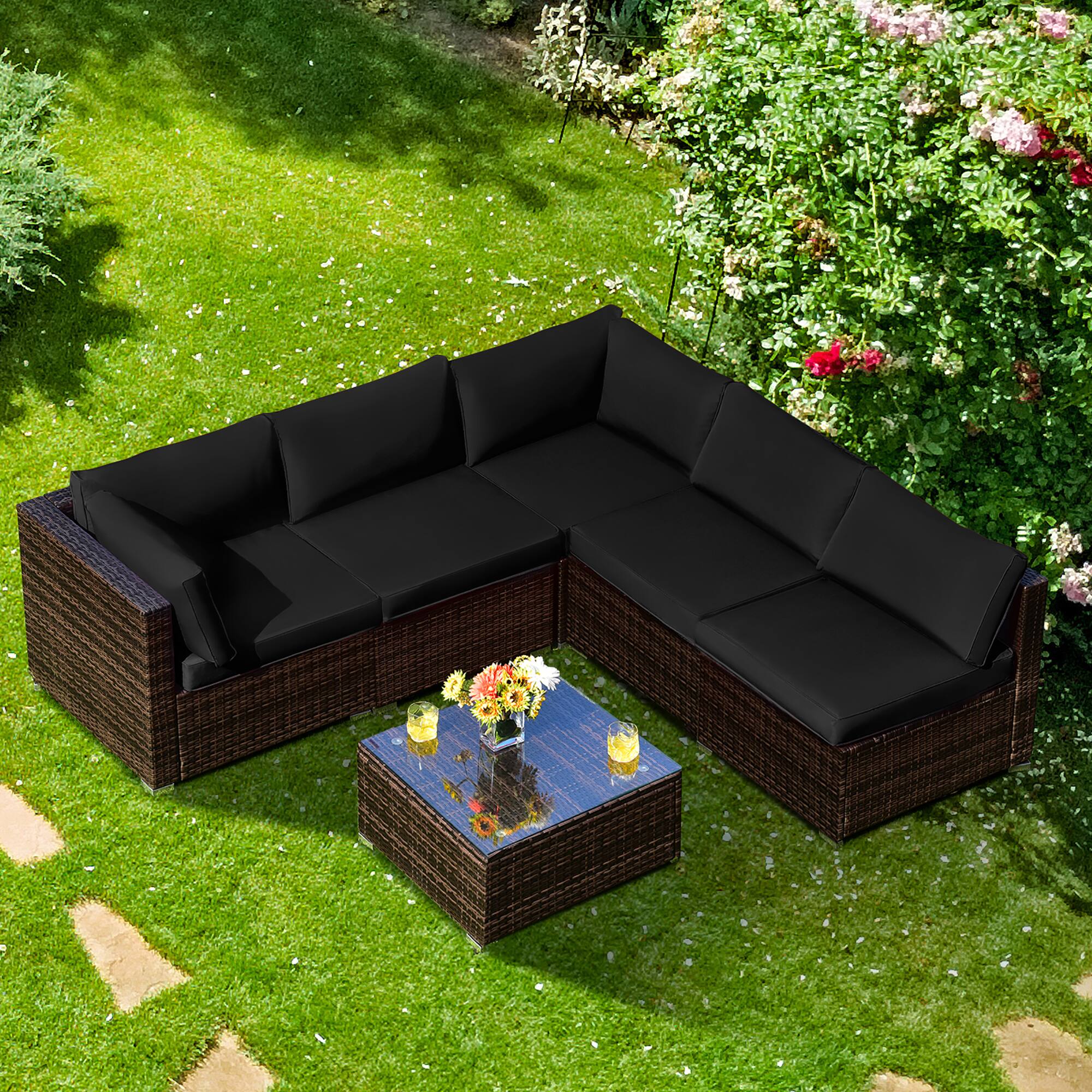 Alt View 1. Costway - 6PCS Patio Rattan Furniture Set Cushioned Sofa Coffee Table - Black.
