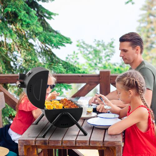 Alt View 7. Winado - 15in Portable Tabletop Barbecue Grill with Thermometer, Wooden Handle for Outdoor Camping BBQ Backyard Party Cooking - Black.