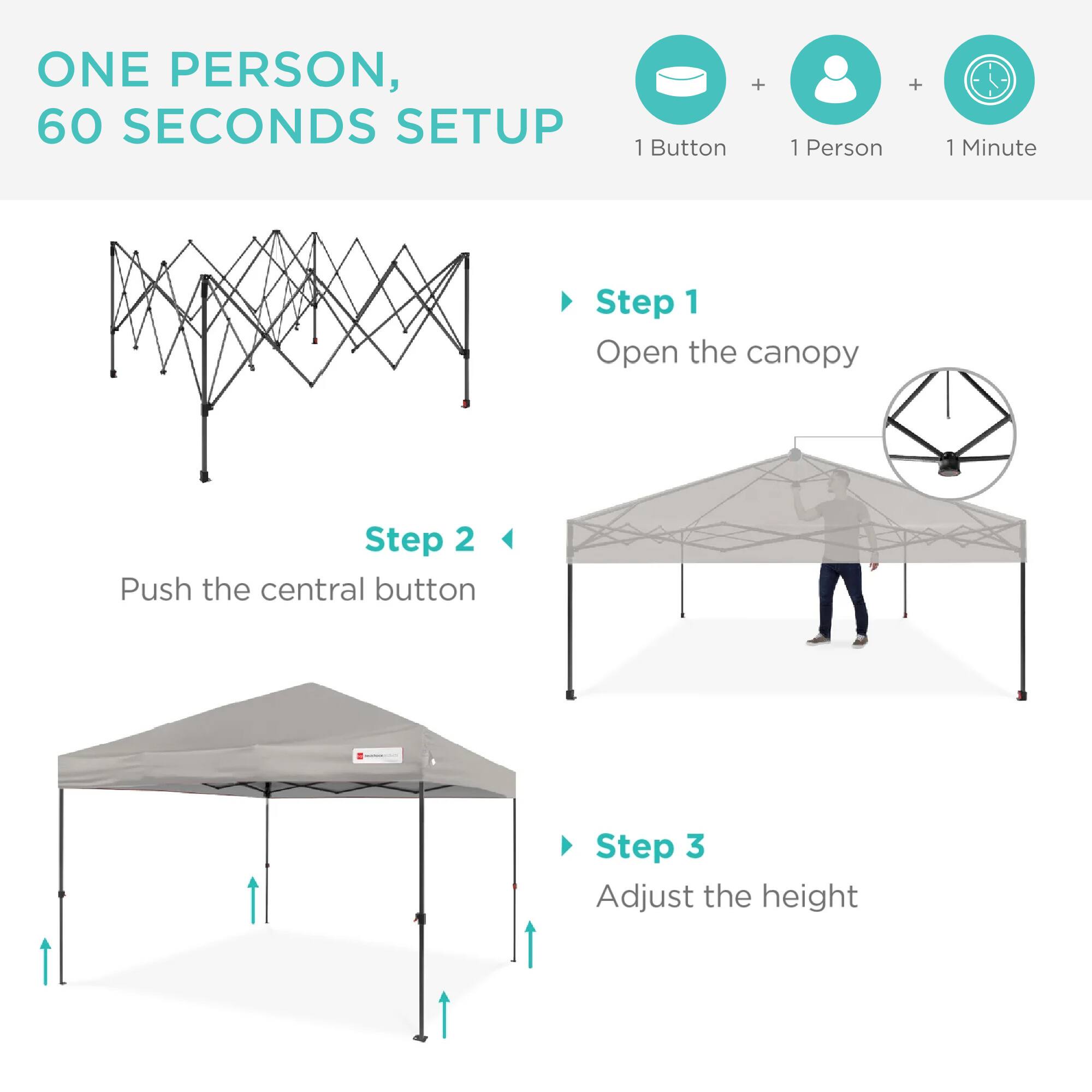 ONE PERSON, 60 SECONDS SETUP

1 Button + 1 Person + 1 Minute

Step 1
Open the canopy

Step 2
Push the central button

Step 3
Adjust the height