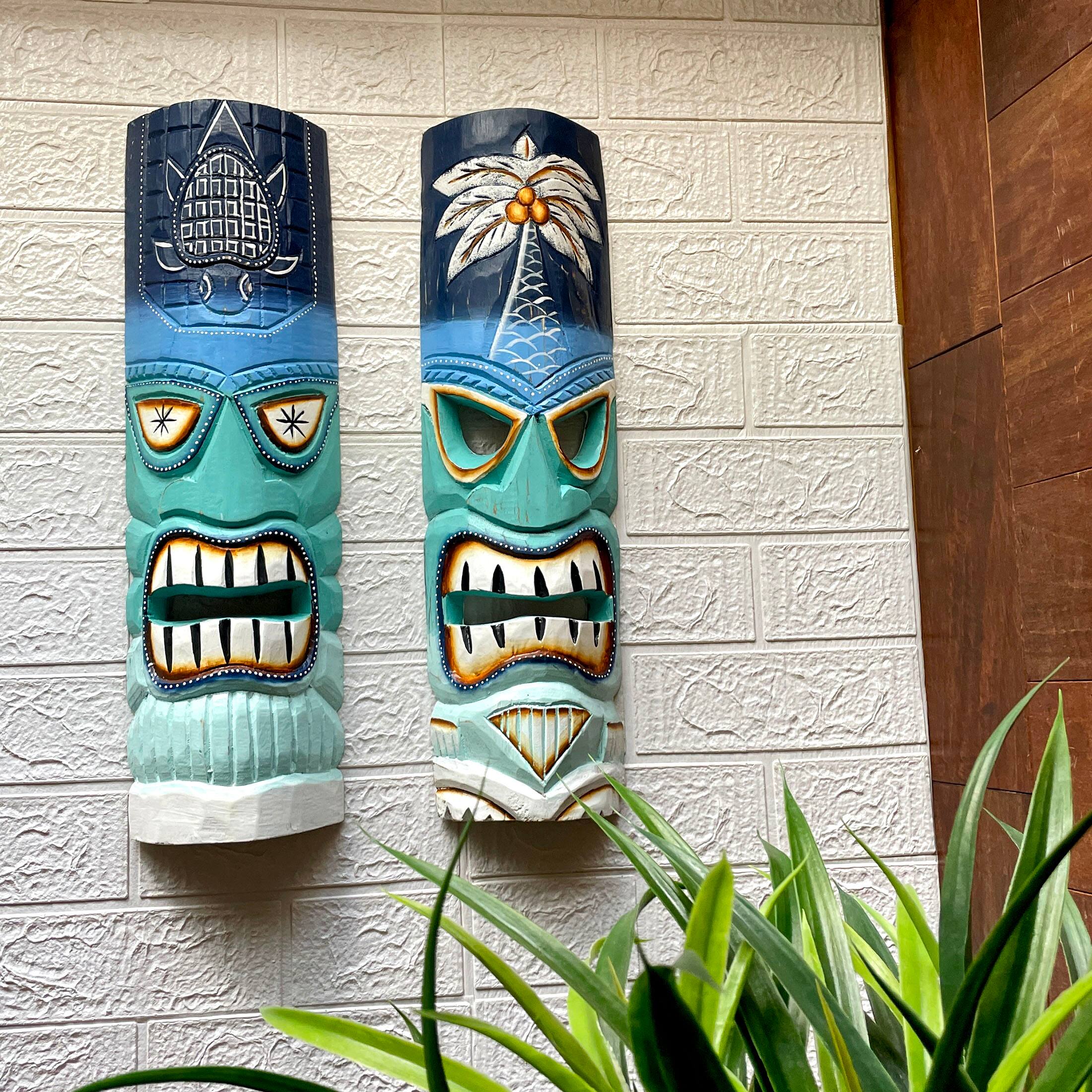 Alt View 3. Chesapeake Bay - Set of 2 - 20" Blue & Green Tiki Masks Wood Wall Decor Indoor/Outdoor Accent - Blue.