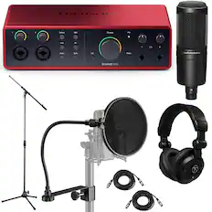 Focusrite Scarlett 16i16
1. Focusrite 1 2 Select 4IV Output
2. I I Air I 2 Auto Safe AN Mute
3. Audio-Technica Microphone
4. Pop Filter
5. Headphones
6. Cables