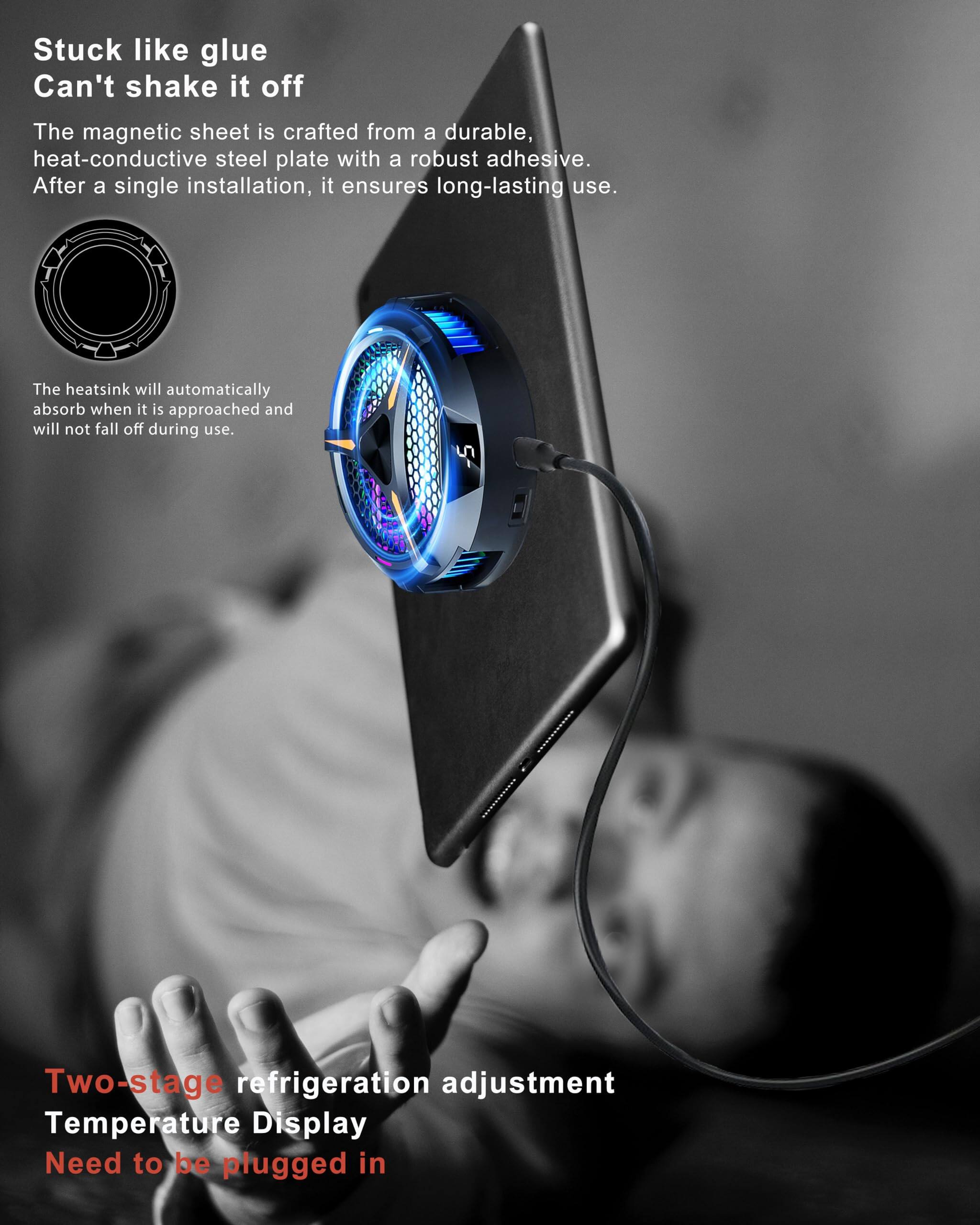 Stuck like glue  
Can't shake it off  

The magnetic sheet is crafted from a durable, heat-conductive steel plate with a robust adhesive. After a single installation, it ensures long-lasting use.  

The heatsink will automatically absorb when it is approached and will not fall off during use.  

Two-stage refrigeration adjustment  
Temperature Display  
Need to be plugged in