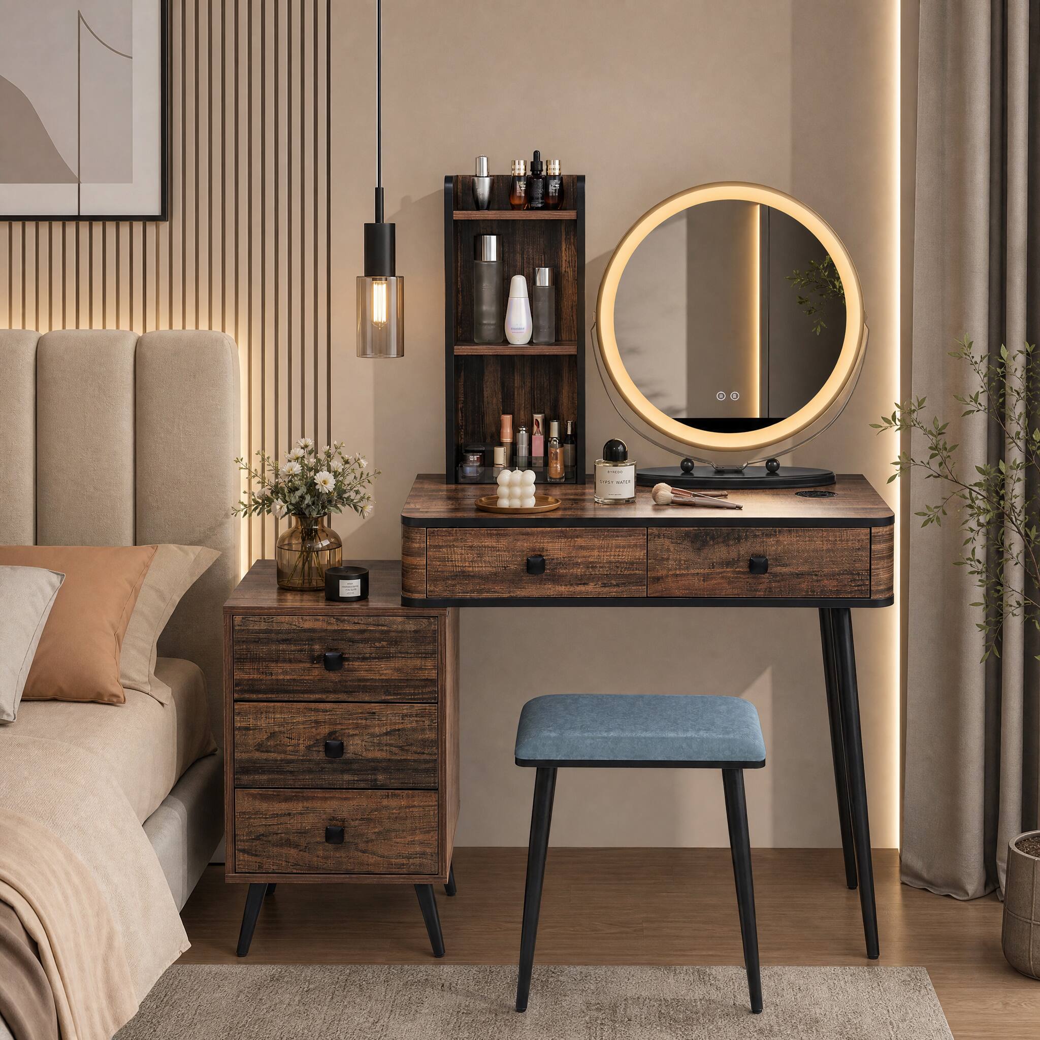 Front. WELLFOR - Vanity Table Set with 3-Color LED Mirror & Charging Station, Modern Makeup Vanity Desk with Side Chest & Padded Stool - Rustic Brown.