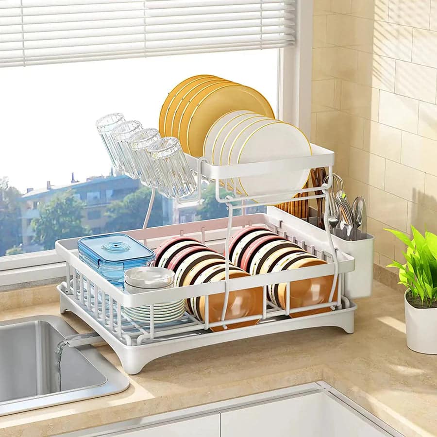 Adivo - 2 tier Dish Drainer Kitchen Counter Dish Rack with Cutlery Holder, Drip Tray - White
