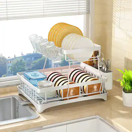 Front. Adivo - 2 tier Dish Drainer Kitchen Counter Dish Rack with Cutlery Holder, Drip Tray-49CM - White.