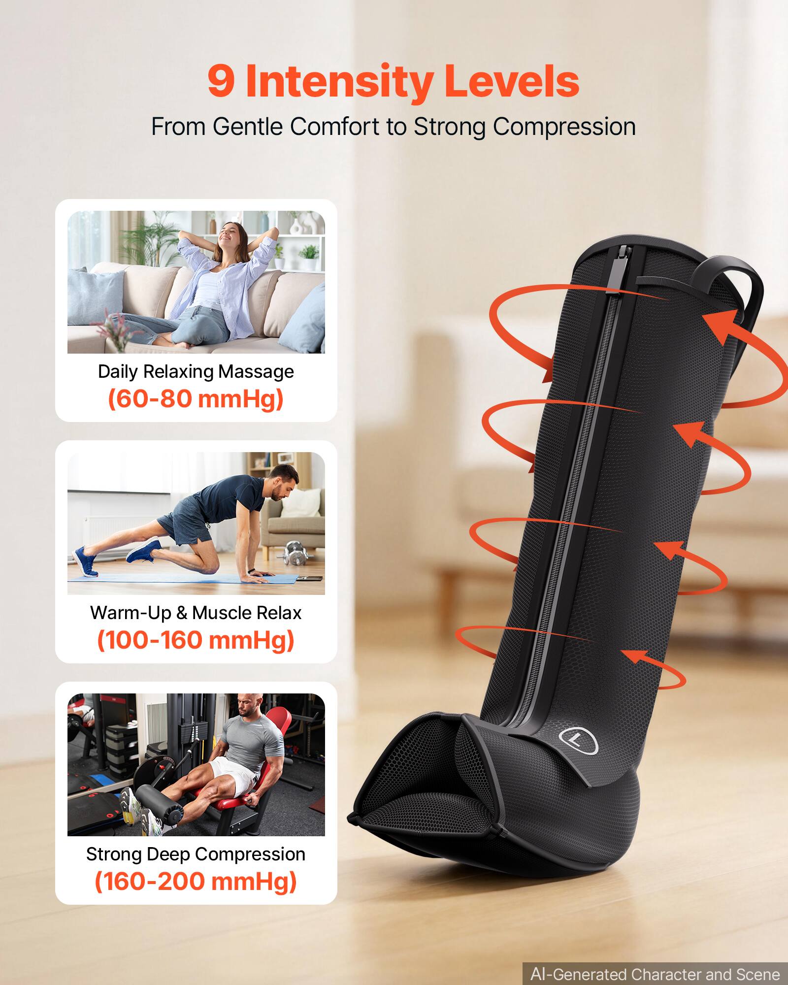 9 Intensity Levels  
From Gentle Comfort to Strong Compression

- Daily Relaxing Massage (60-80 mmHg)
- Warm-Up & Muscle Relax (100-160 mmHg)
- Strong Deep Compression (160-200 mmHg)

AI-Generated Character and Scene