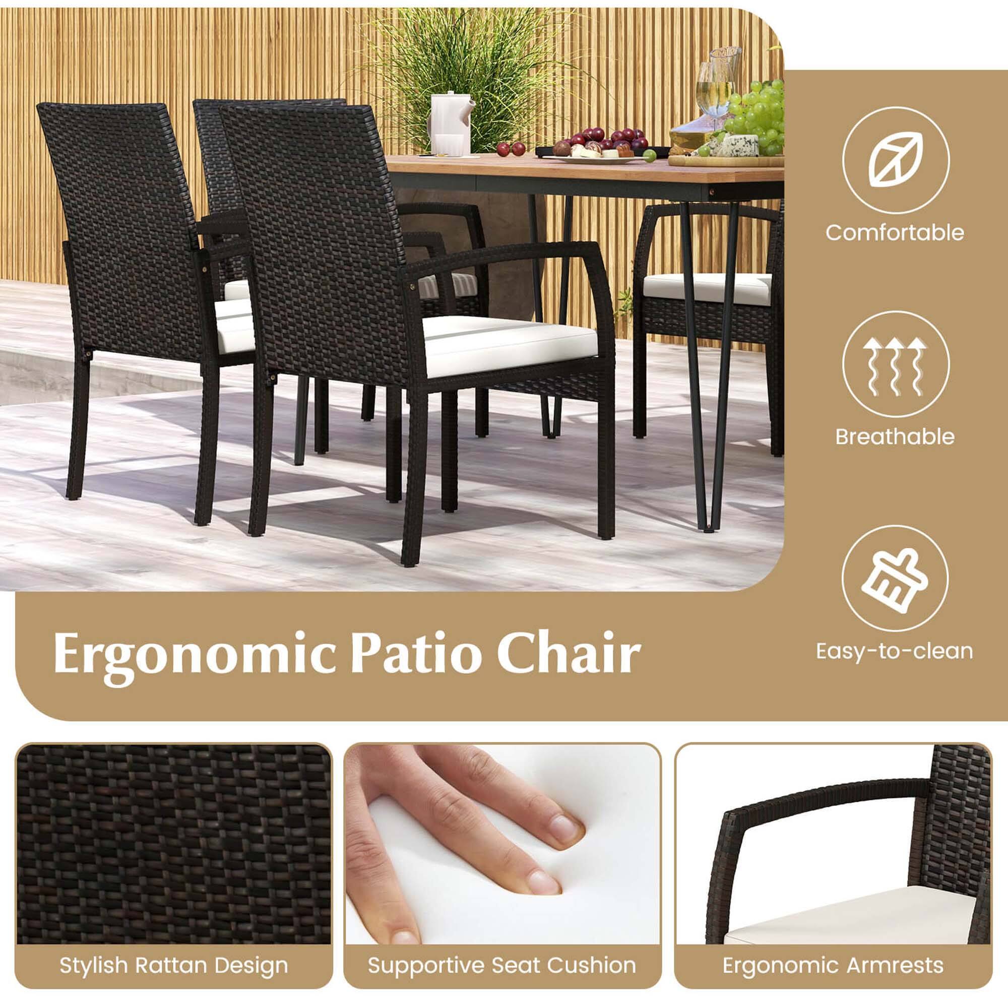 The image features a comfortable and breathable ergonomic patio chair with a stylish rattan design. The chair is easy to clean and has supportive seat cushions and ergonomic armrests, making it an ideal choice for outdoor relaxation.