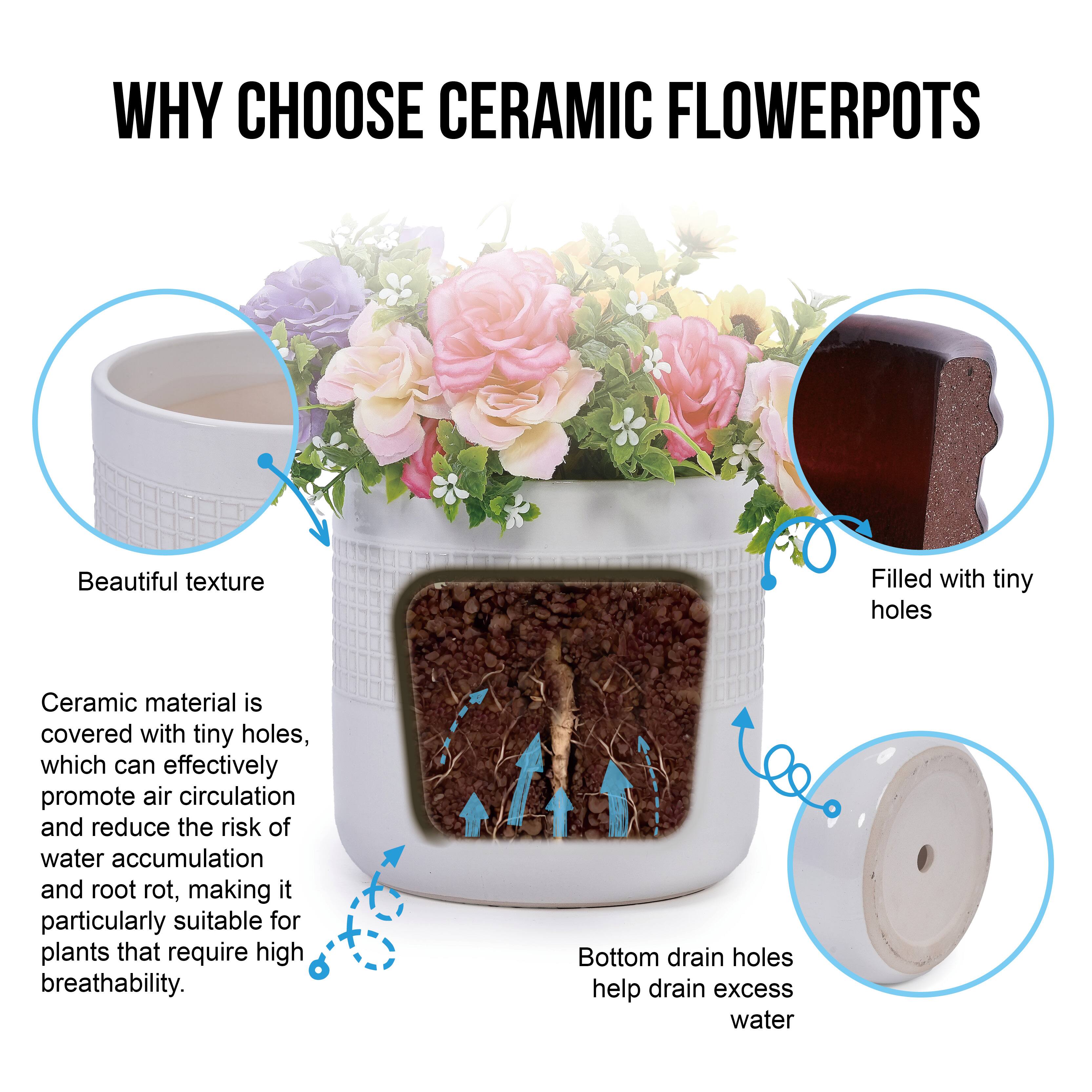 WHY CHOOSE CERAMIC FLOWER POTS

Beautiful texture

Ceramic material is covered with tiny holes, which can effectively promote air circulation and reduce the risk of water accumulation and root rot, making it particularly suitable for plants that require high breathability.

Filled with tiny holes

Bottom drain holes help drain excess water