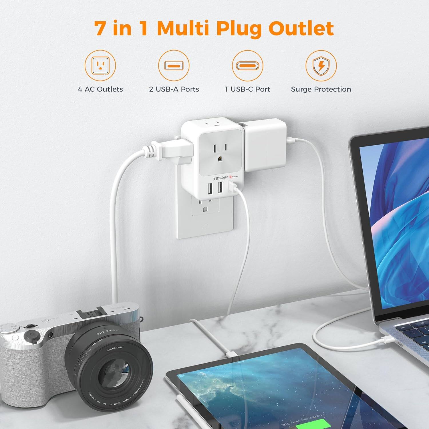7 in 1 Multi Plug Outlet  
4 AC Outlets  
2 USB-A Ports  
1 USB-C Port  
Surge Protection