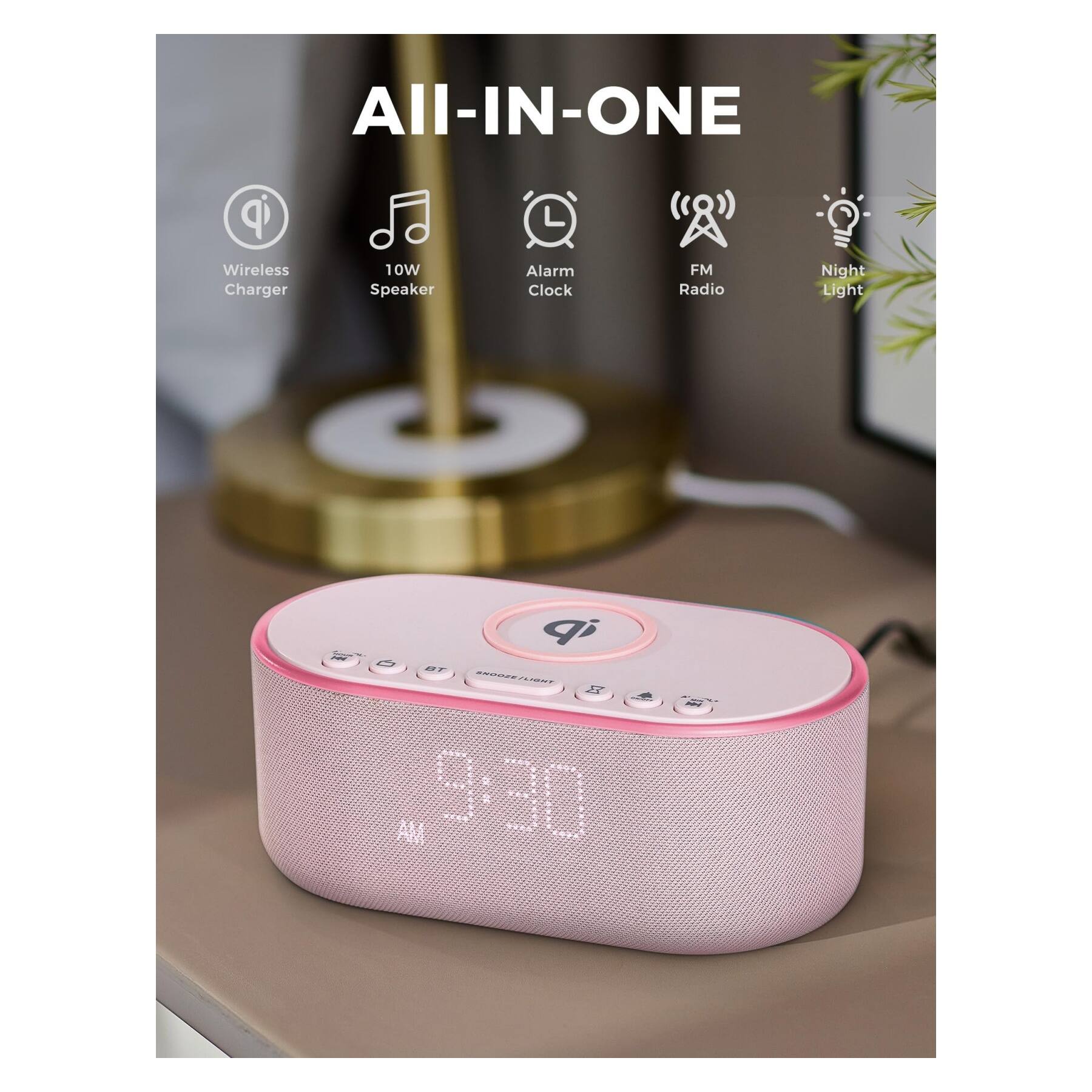 All-IN-ONE Wireless Charger 10W Speaker Alarm Clock FM Radio Night Light