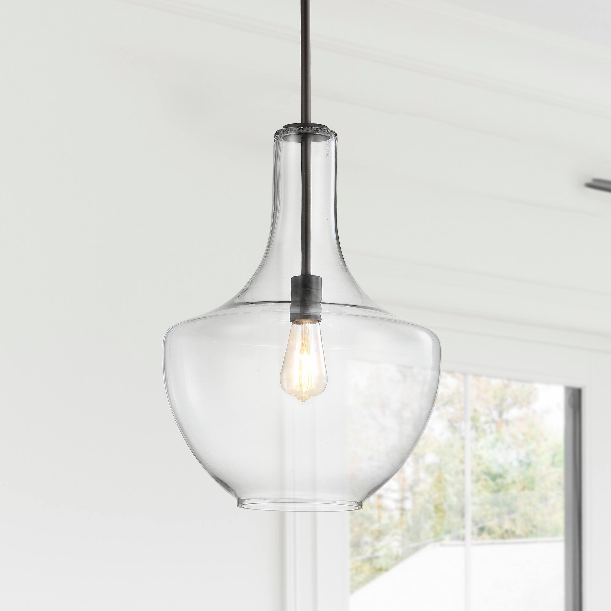 Alt View 1. Jonathan Y - Watts 13.25" 1-Light Mid-Century Modern Iron/Glass LED Pendant, Oil Rubbed Bronze/Clear - Oil Rubbed Bronze/Clear.
