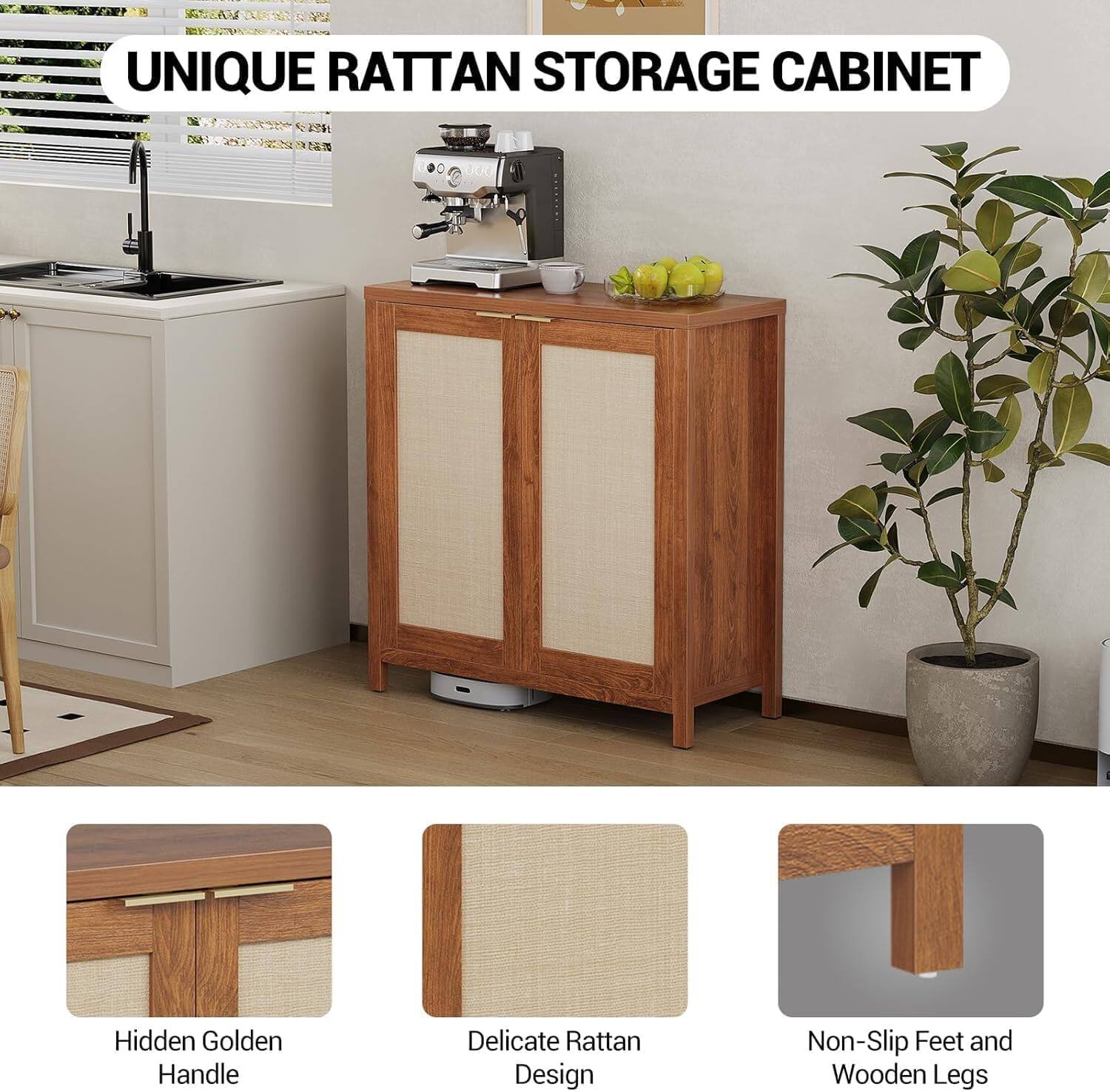 UNIQUE RATTAN STORAGE CABINET

Hidden Golden Handle  
Delicate Rattan Design  
Non-Slip Feet and Wooden Legs