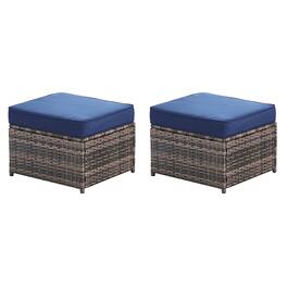 Yardgrace - 2-Piece All-Weather Rattan Patio Ottoman Set, Footstools with Removable Cushions for Garden Backyard Porch - Navy blue