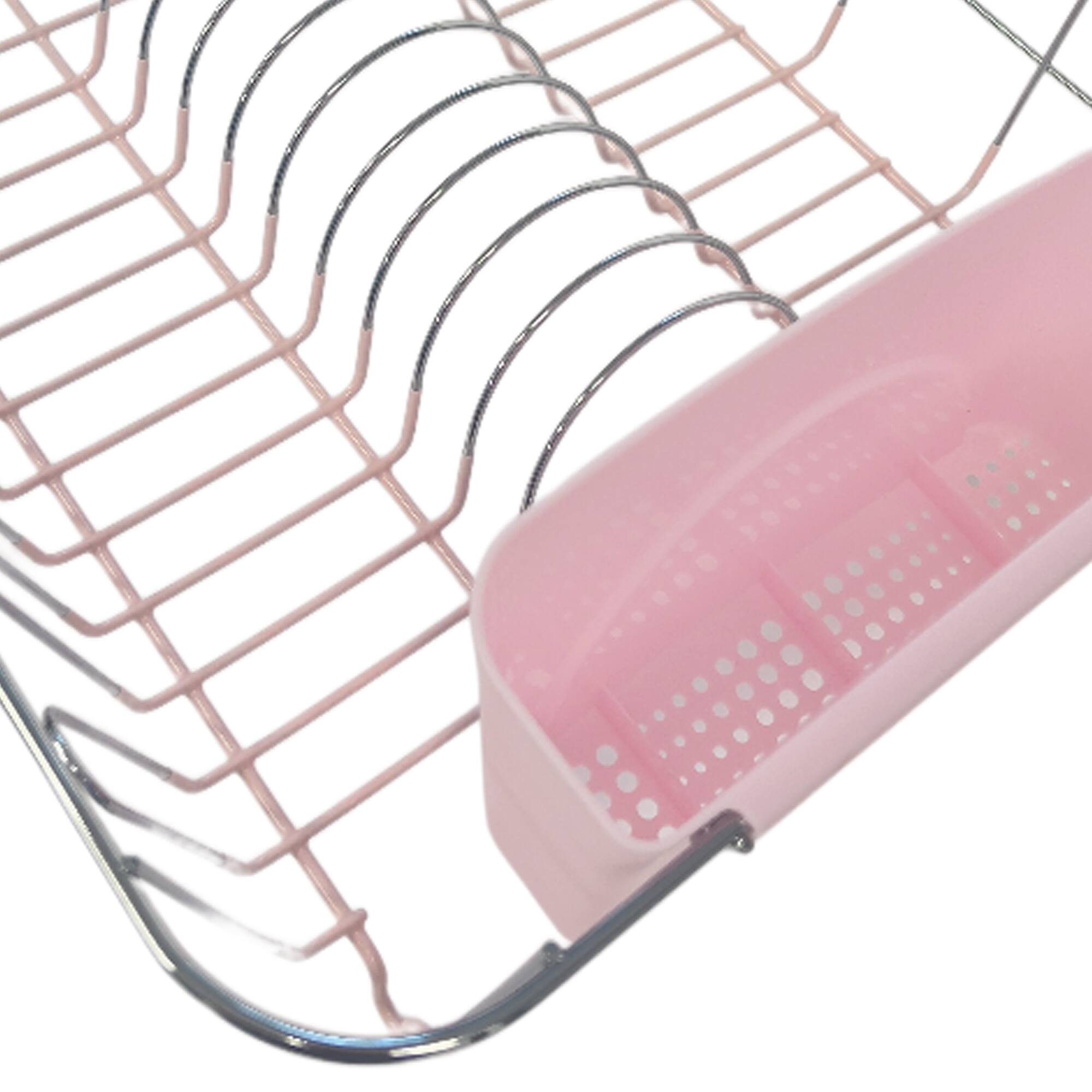 Angle. Sweet Home Collection - Chrome Plated Steel 2-Piece Small Compact Dish Drainer - Pale Pink.