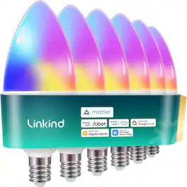 Linkind - B11 Smart LED Bulb, Matter Compatible, Color Changing, E12 Base (6 Pack) - Multicolor