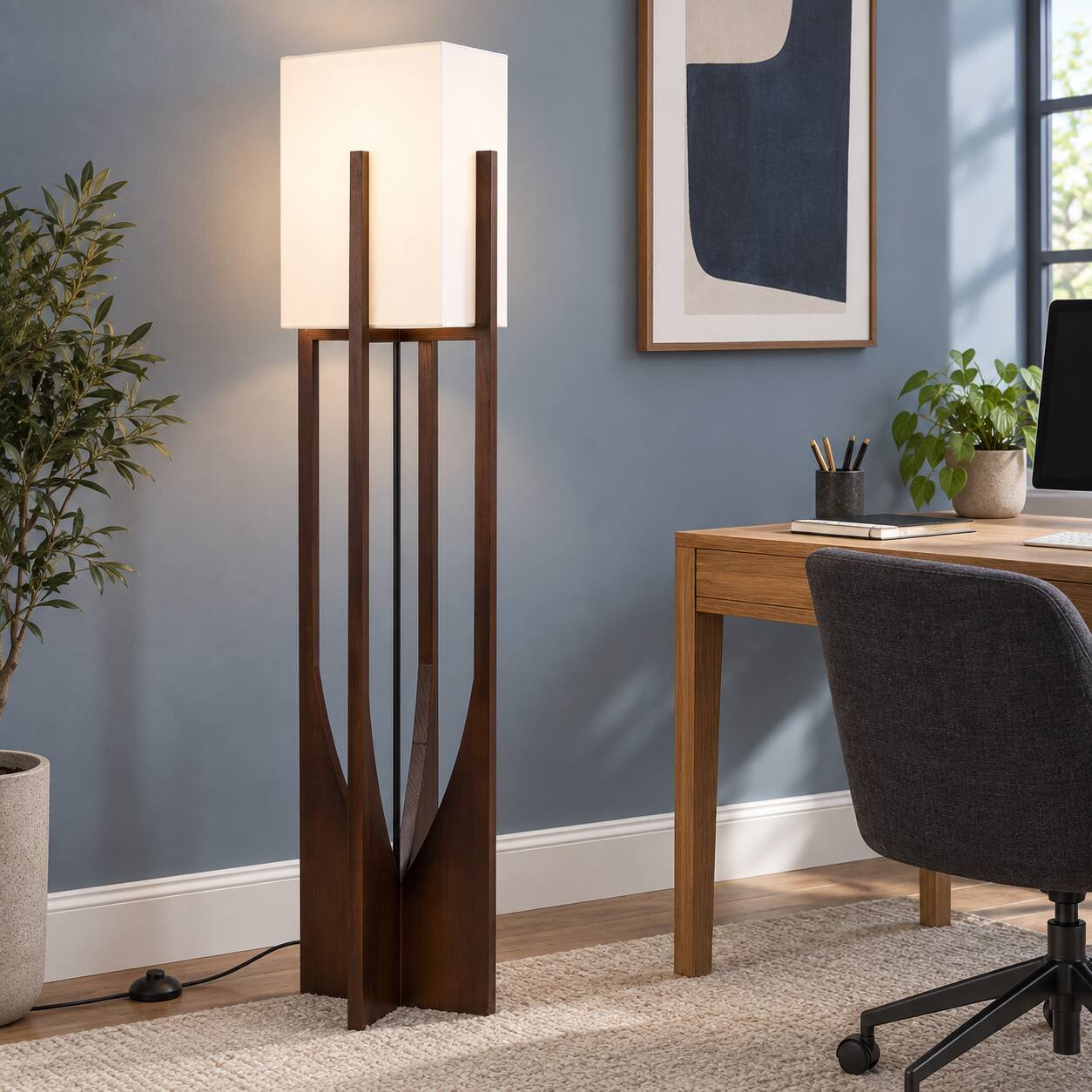 Alt View 4. E.P. Light - Modern Wabi-Sabi Wooden Standing Floor Lamp with Fabric Shade, 3 Color Modes - Brown.