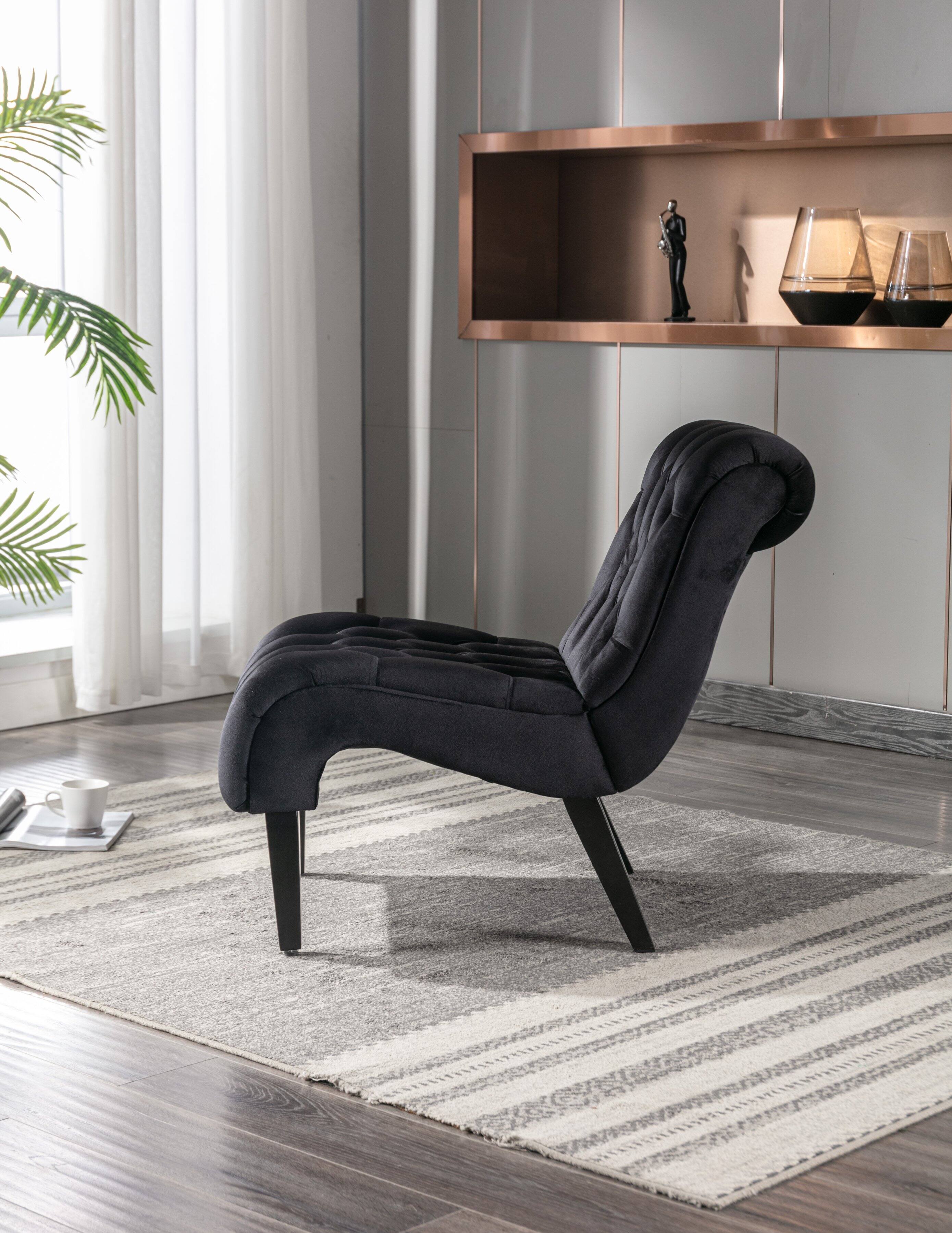 Left. Trinkets Crazed - Velvet Accent Lounge Chair for Living Room, Modern Leisure Chair with Tufted Backrest, Indoor Armless Side Chair - Black.