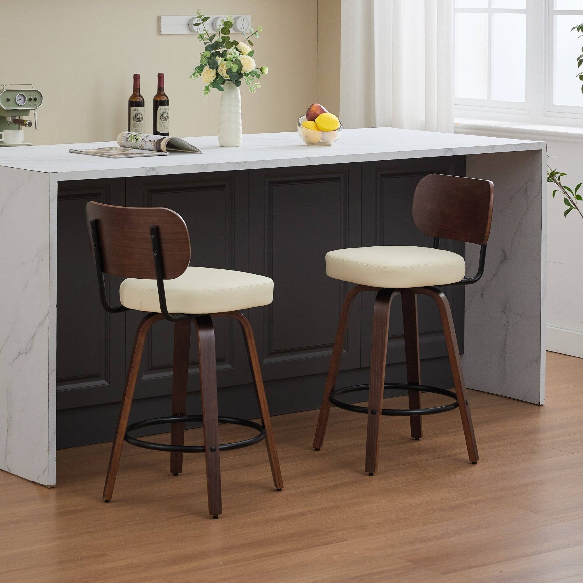 Left. Boyel Living - 26 Inch Swivel Counter Height Bar Stools Set of 2 with Walnut Bentwood Legs - Beige.