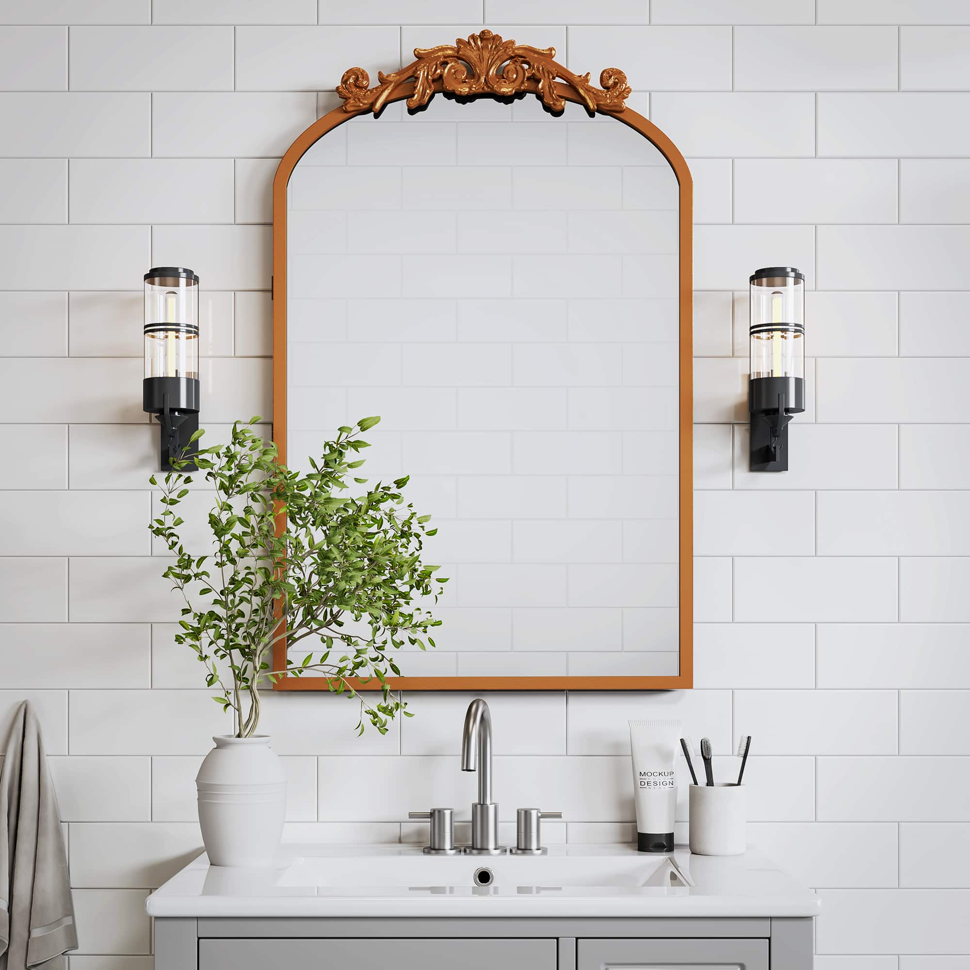 PexFix - 19.7" x 30.3" Arch Bathroom Mirror Medicine Cabinet with Carved Ornamentation - Metal Frame, Recessed or Surface Mount - Gold