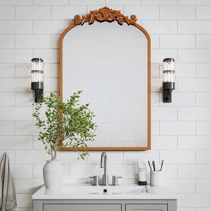 Front. PexFix - 19.7" x 30.3" Arch Bathroom Mirror Medicine Cabinet with Carved Ornamentation - Metal Frame, Recessed or Surface Mount - Gold.