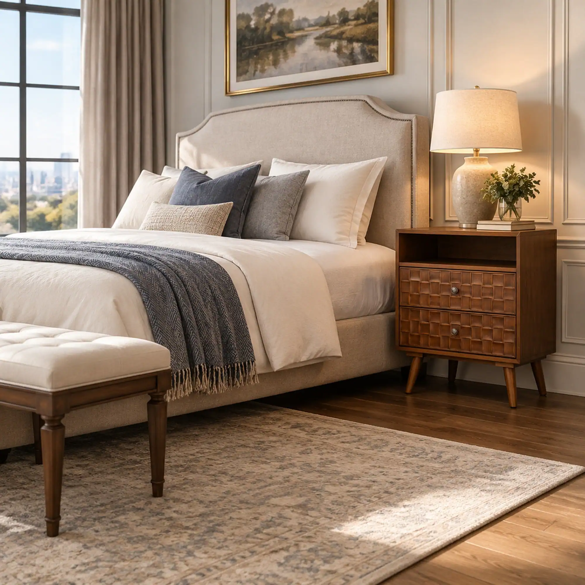 Angle. RYHNUYNE - 2 Drawer Nightstand, Bedside Table with Charging Station, Open Shelf, Solid Wood Legs, 23.5 in Wide - Walnut.