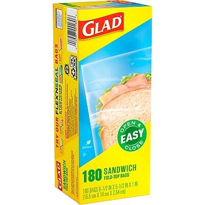 GLAD FLEX'N SEAL  
TRY OUR OPEN & EASY CLOSE  
SANDWICH  
180 FOLD-TOP BAGS  
180 BAGS 6-1/2 IN X 5 1/2 IN X 1 IN  
16.5 cm X 14 cm X 2.54 cm