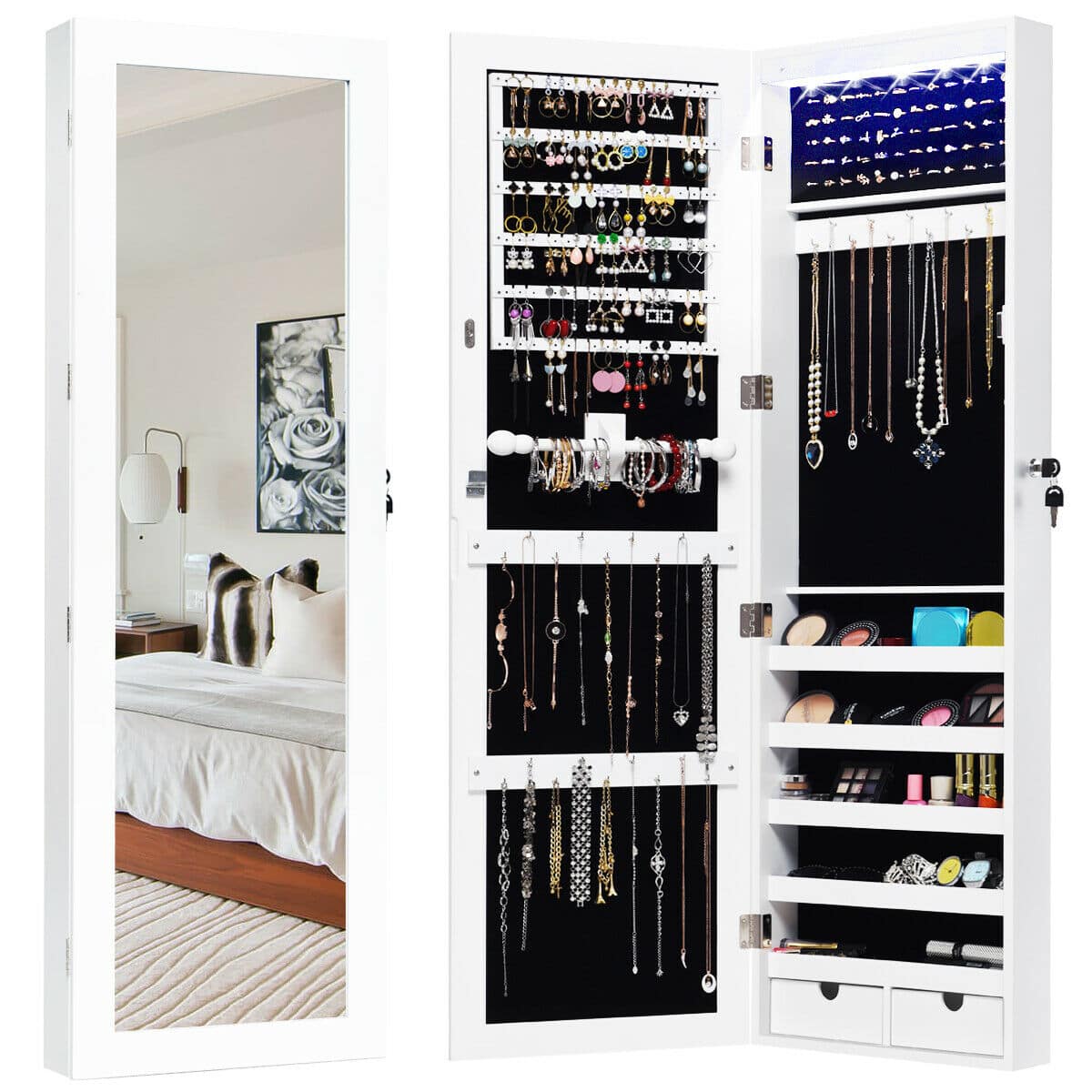 Ecooso - Door Mounted Lockable Jewelry Cabinet with Full-Length Mirror and LED Lights