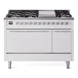 ILVE - Professional Plus II Series 48 in. Dual Fuel Range with 8 Sealed Burners + Griddle (Natural Gas, Satin Trim) - White