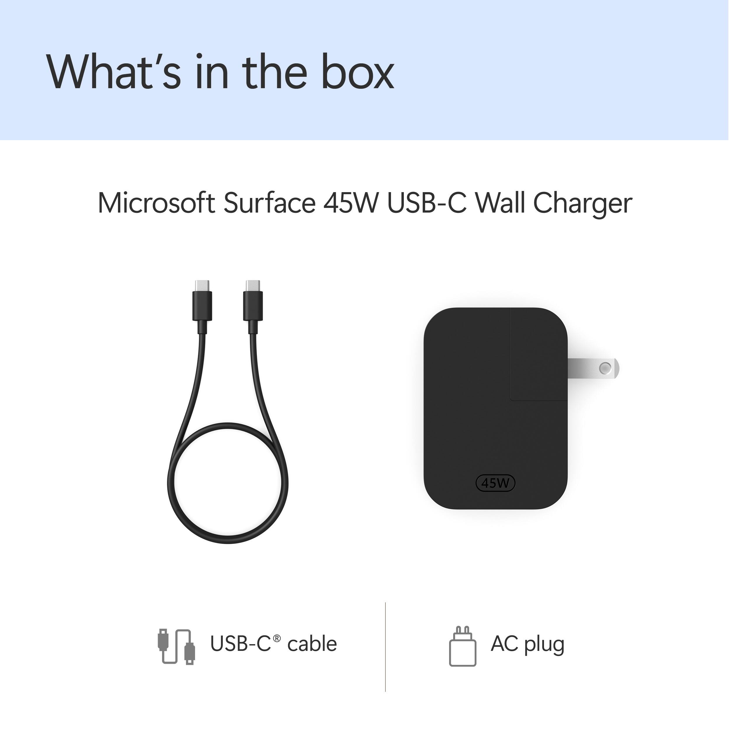 What's in the box Microsoft Surface 45W USB-C Wall Charger USB-C cable AC plug