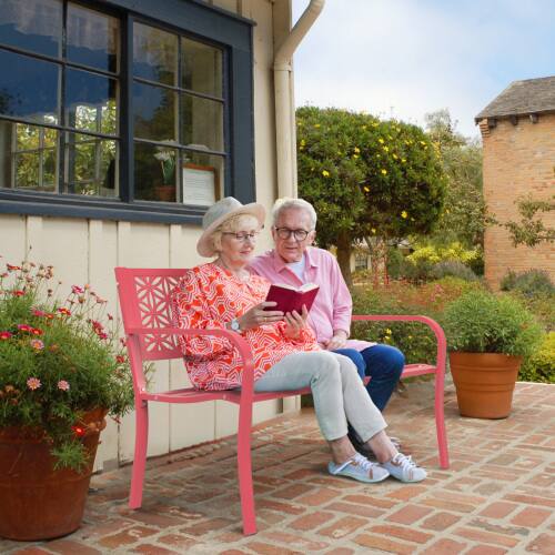 Alt View 5. Winado - 50in Outdoor Bench Metal with Floral Back, Garden Bench Front Porch Bench for Yard Patio Porch Entryway Park Outside - Pink.