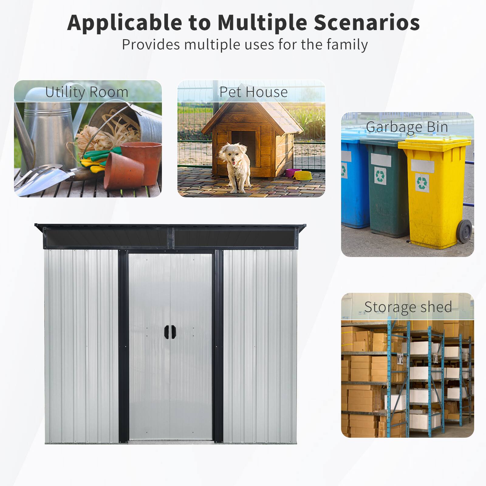 Applicable to Multiple Scenarios  
Provides multiple uses for the family  

- Utility Room  
- Pet House  
- Garbage Bin  
- Storage shed