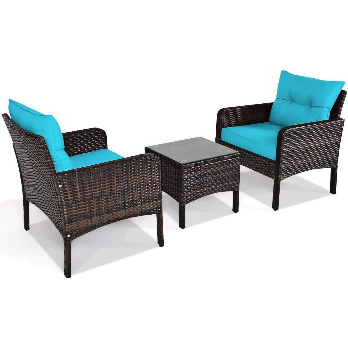 Front. SlickBlue - 3-Piece PE Rattan Outdoor Dining Set with Cushioned Seats for Patio - Turquoise.