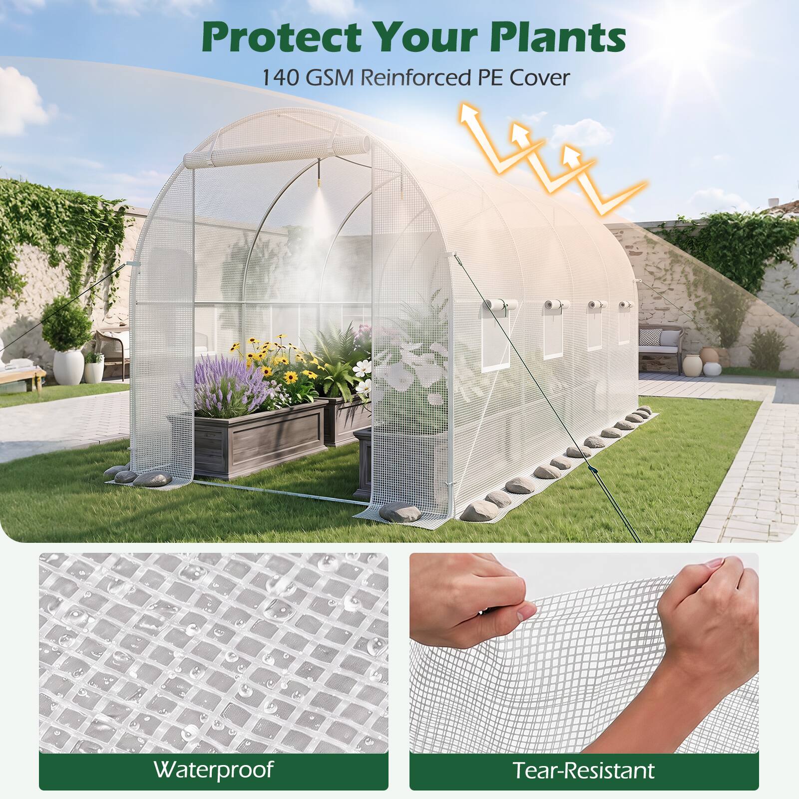 Protect Your Plants  
140 GSM Reinforced PE Cover  

(1) Waterproof  
(2) Tear-Resistant