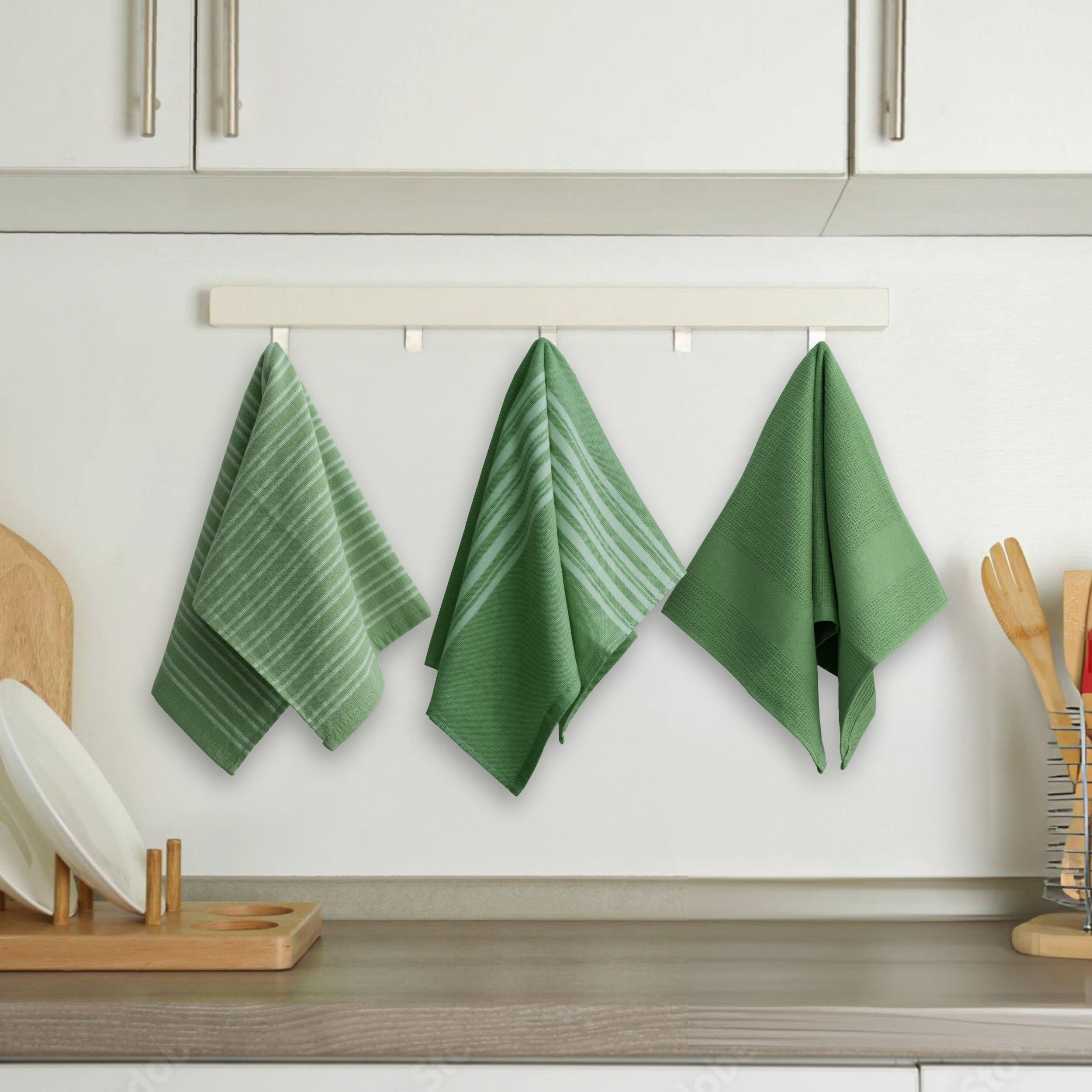 Alt View 3. Lux Decor Collection - 6-Piece 100% Cotton Kitchen Towel Set 16x26, Highly Absorbent Terry Dish Towels, Soft & Durable, Striped & Waffle Design - Green.