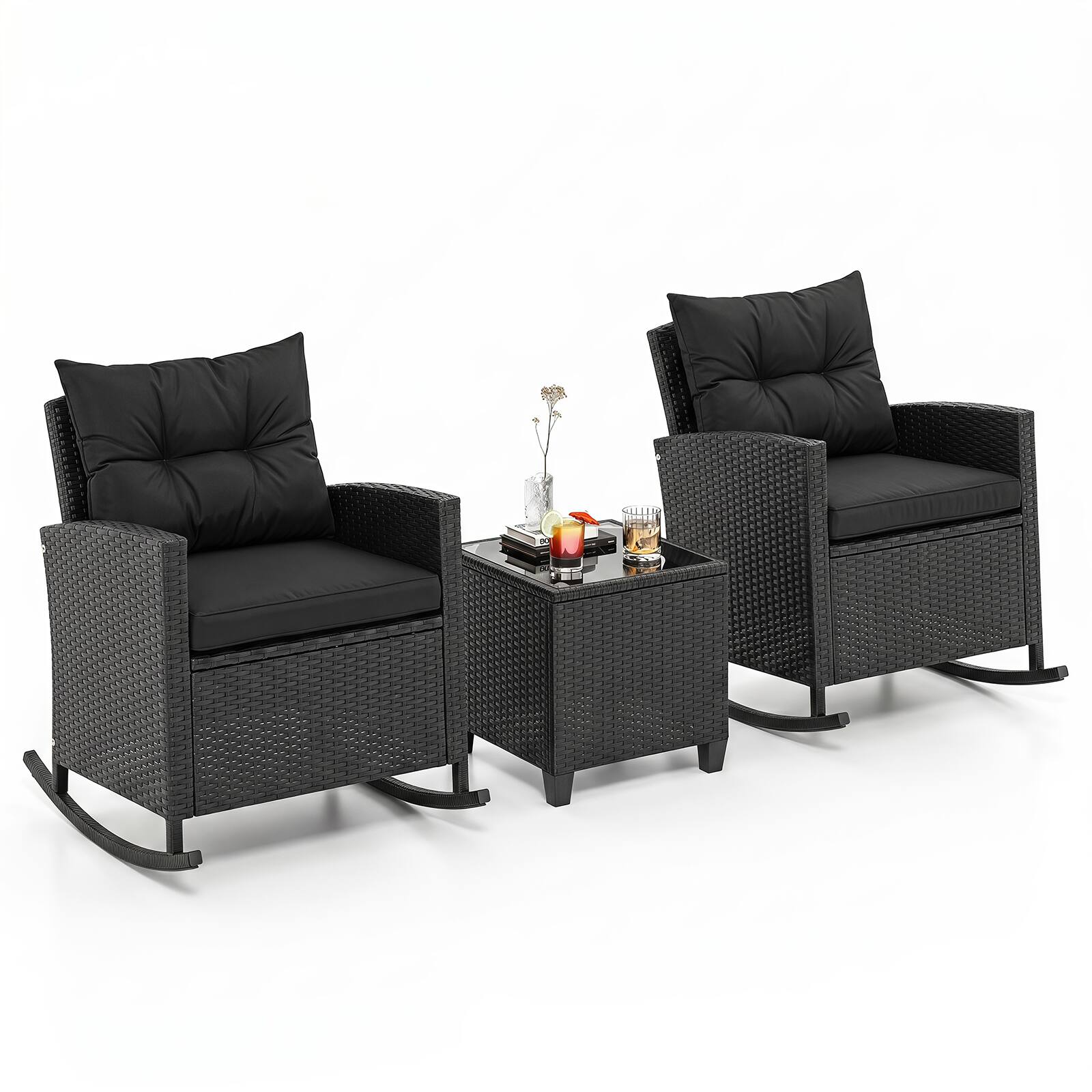 Alt View 9. Gymax - Gymax Set of 3 Patio Wicker Rocking Set w/ Tempered Glass Table & Soft Cushions Outdoor - Black.