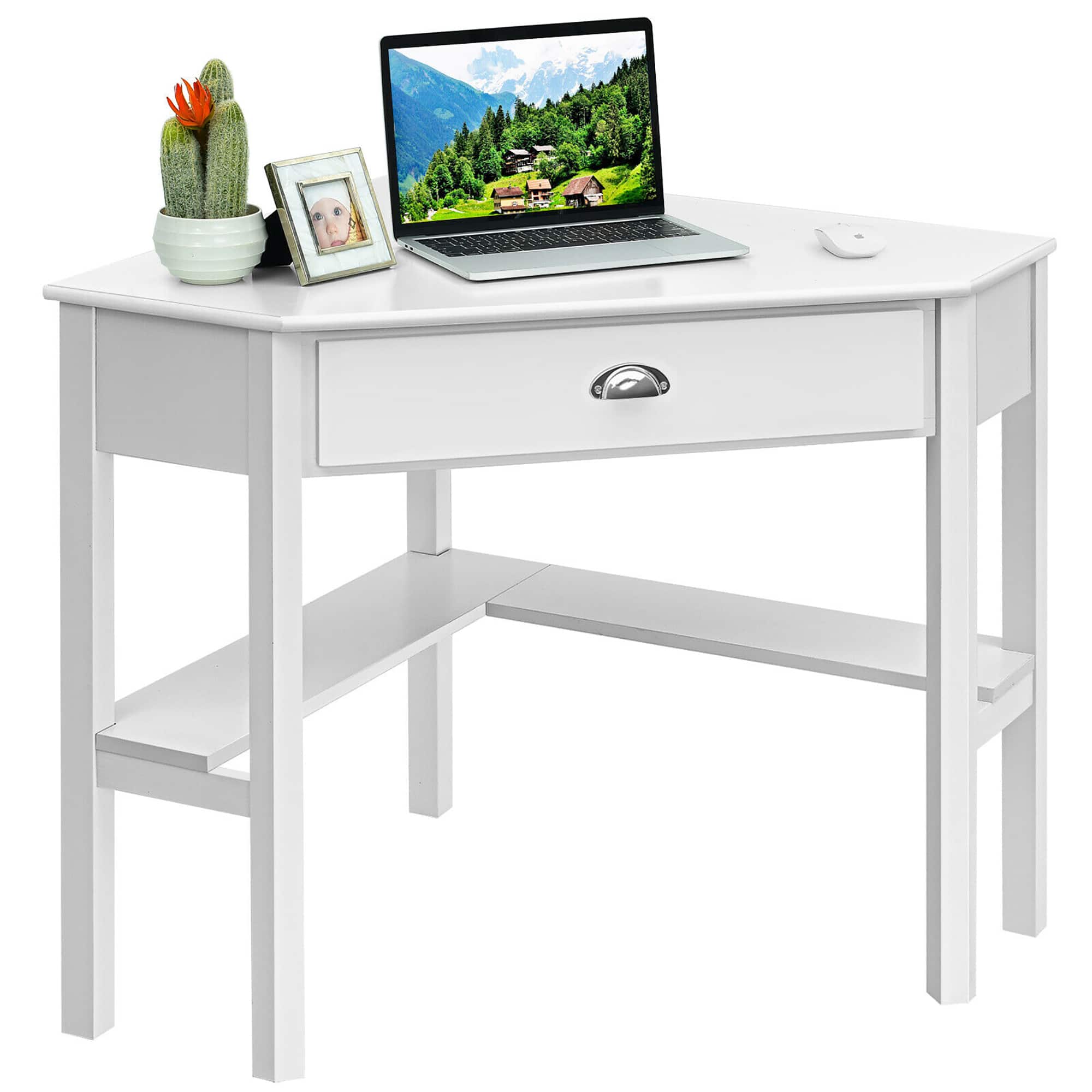 Alt View 16. Costway - Triangle Corner Office Desk with Drawer Shelves - Rustic White.