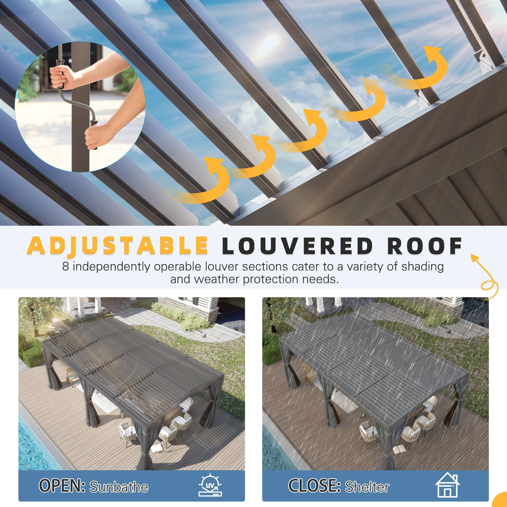 **ADJUSTABLE LOUVERED ROOF**

8 independently operable louver sections cater to a variety of shading and weather protection needs.

**OPEN:** Sunbathe

**CLOSE:** Shelter