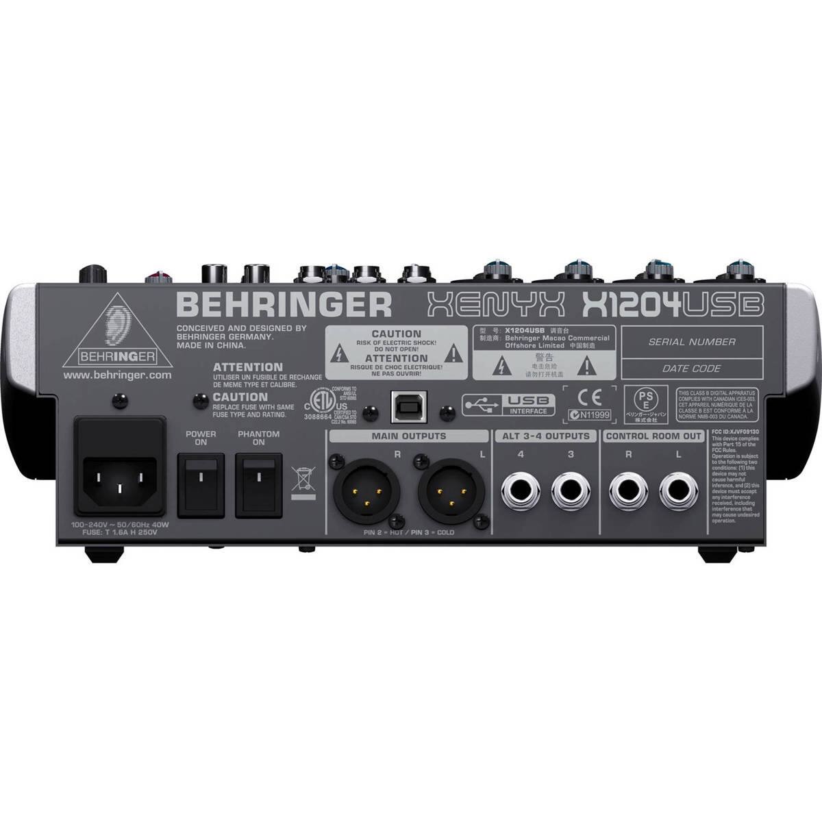 BEHRINGER XENYX X1204USB  
CONCEIVED AND DESIGNED BY BEHRINGER GERMANY  
MADE IN CHINA  
CAUTION  
RISK OF ELECTRIC SHOCK  
DO NOT OPEN  
ATTENTION  
RISQUE DE CHOC ELECTRIQUE  
NE PAS OUVRIR  
BEHRINGER  
www.behringer.com  
SERIAL NUMBER  
DATE CODE  
USB  
POWER  
PHANTOM  
ON  
ON  
FUSE TYPE AND RATING: 3088664  
1.8A 250V  
MAIN OUTPUTS  
ALT 3-4 OUTPUTS  
CONTROL ROOM OUT  
R L  
4 3  
R L  
PIN 2 + HOT / PIN 3 + COLD
