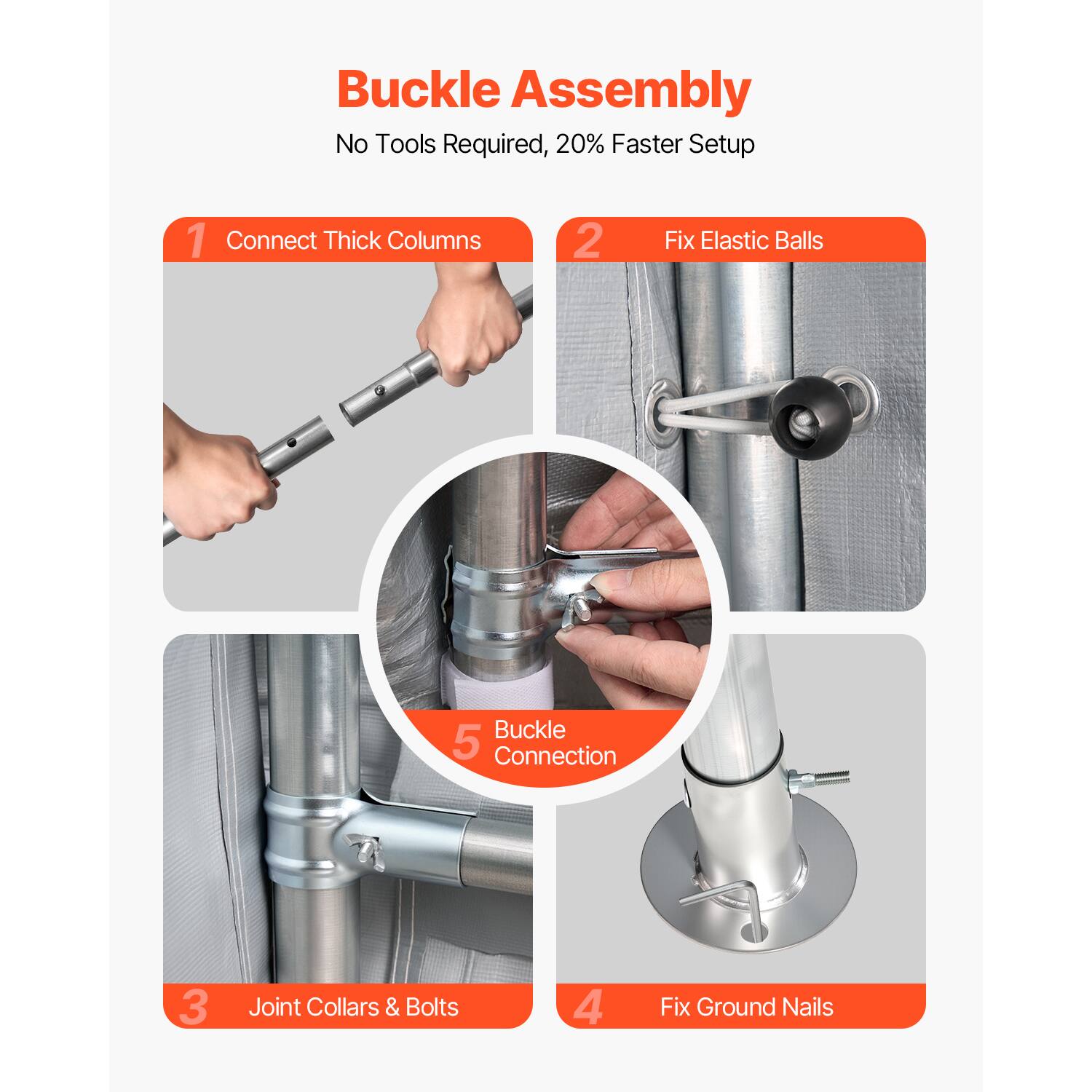 Buckle Assembly  
No Tools Required, 20% Faster Setup  

1. Connect Thick Columns  
2. Fix Elastic Balls  
3. Joint Collars & Bolts  
4. Fix Ground Nails  
5. Buckle Connection