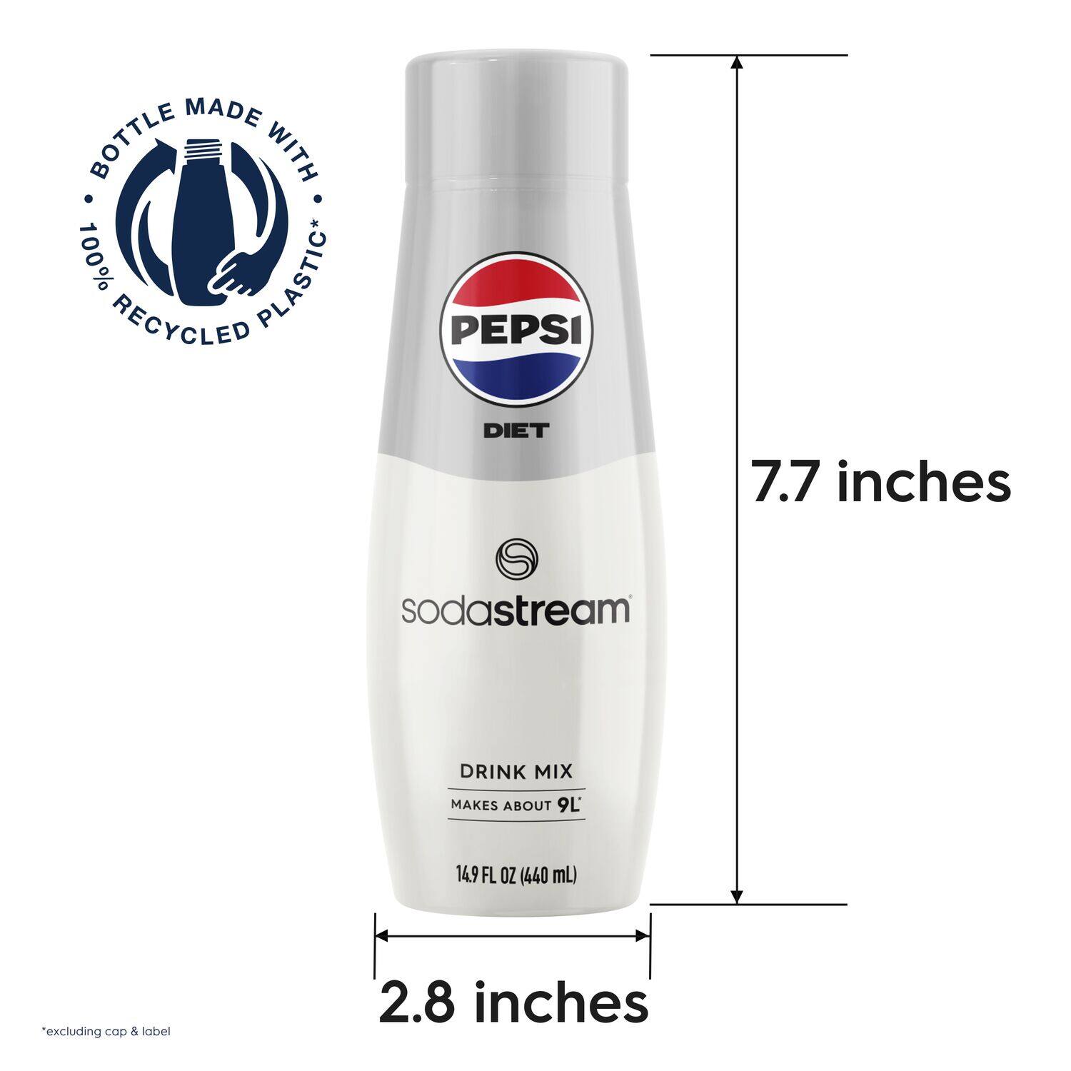The text on the image is grouped and corrected as follows:
"Bottle made with 100% recycled plastic. Pepsi Diet. 7.7 inches. Sodastream drink mix. Makes about 76 14.9 FL OZ (440 mL) excluding cap & label. 2.8 inches."