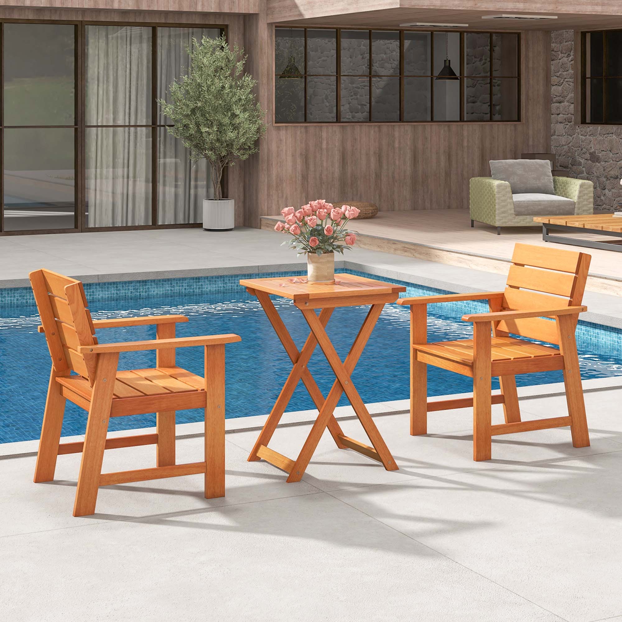 Alt View 3. Costway - 3-PCS Outdoor Wood Bistro Set with 2 Hardwood Chairs & Folding Bistro Table Patio - Natural.