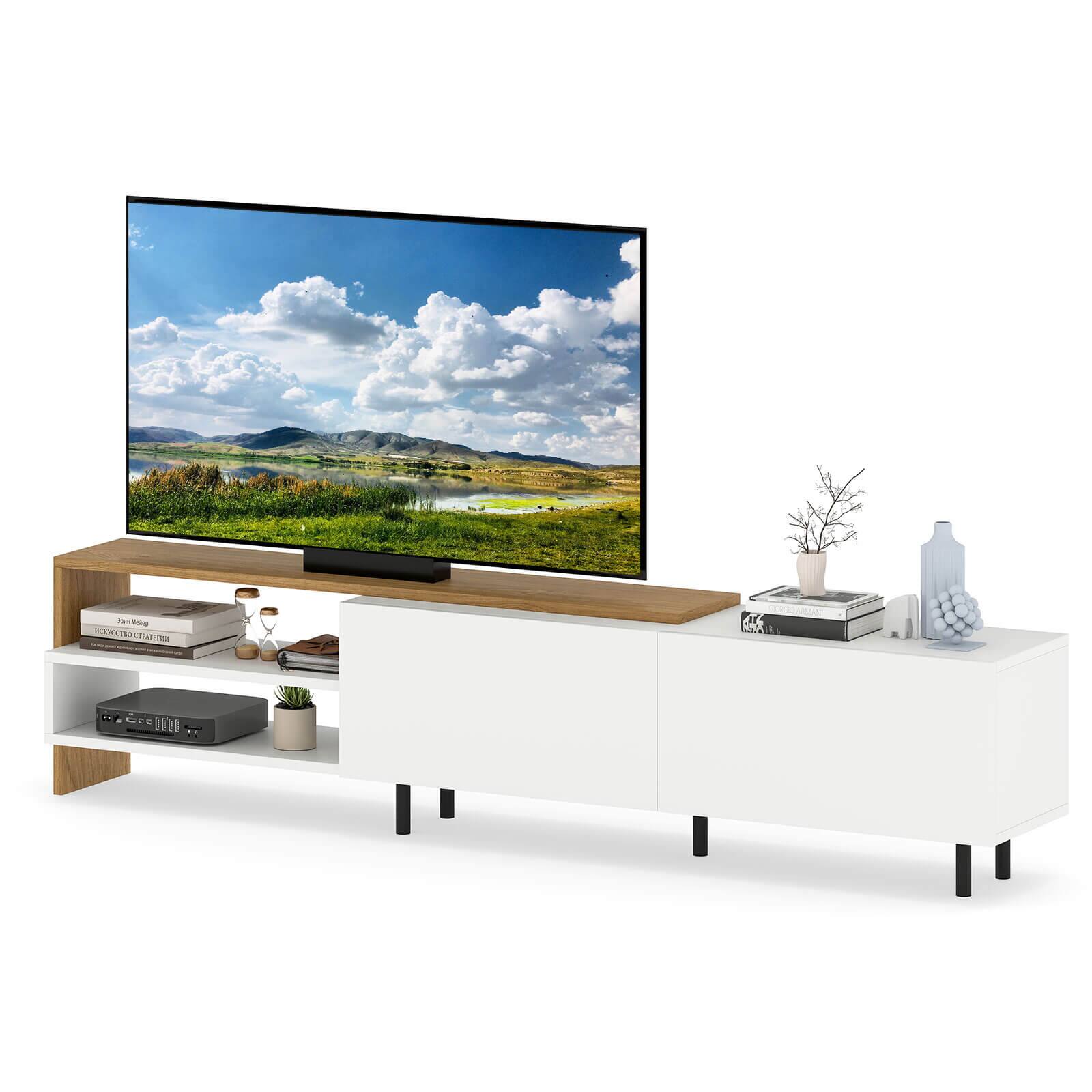 Costway - 71.5" Long Entertainment Center with Storage Shelves, Cabinets for 80 Inches TVs - White,Natural