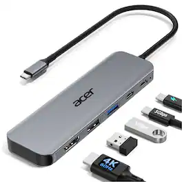 Acer - USB C Hub, 5-in-1 USBC to HDMI Adapter with 4K@60Hz, 100W Power Delivery, USB-C 5Gbps & USB-A 3.0 Data Ports - Gray