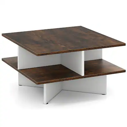 Front. Costway - Costway 2-Tier Square Coffee Table Industrial Accent Cocktail Table with X-Shaped Base - Rustic Brown + White.
